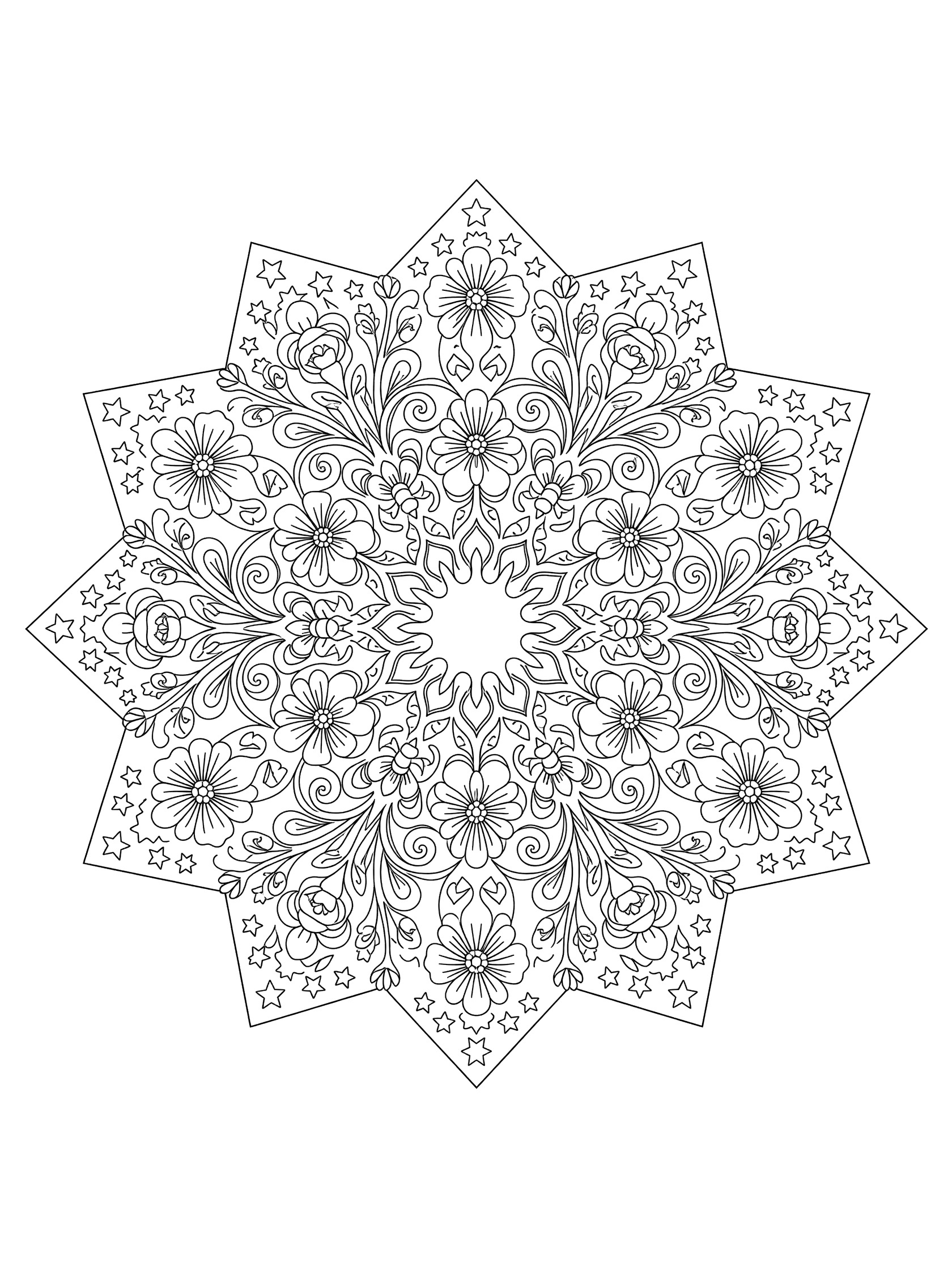 Black and white line art of a whimsical floral star mandala with eight points filled with flowers, curling vines, leafy tendrils and starry accents.