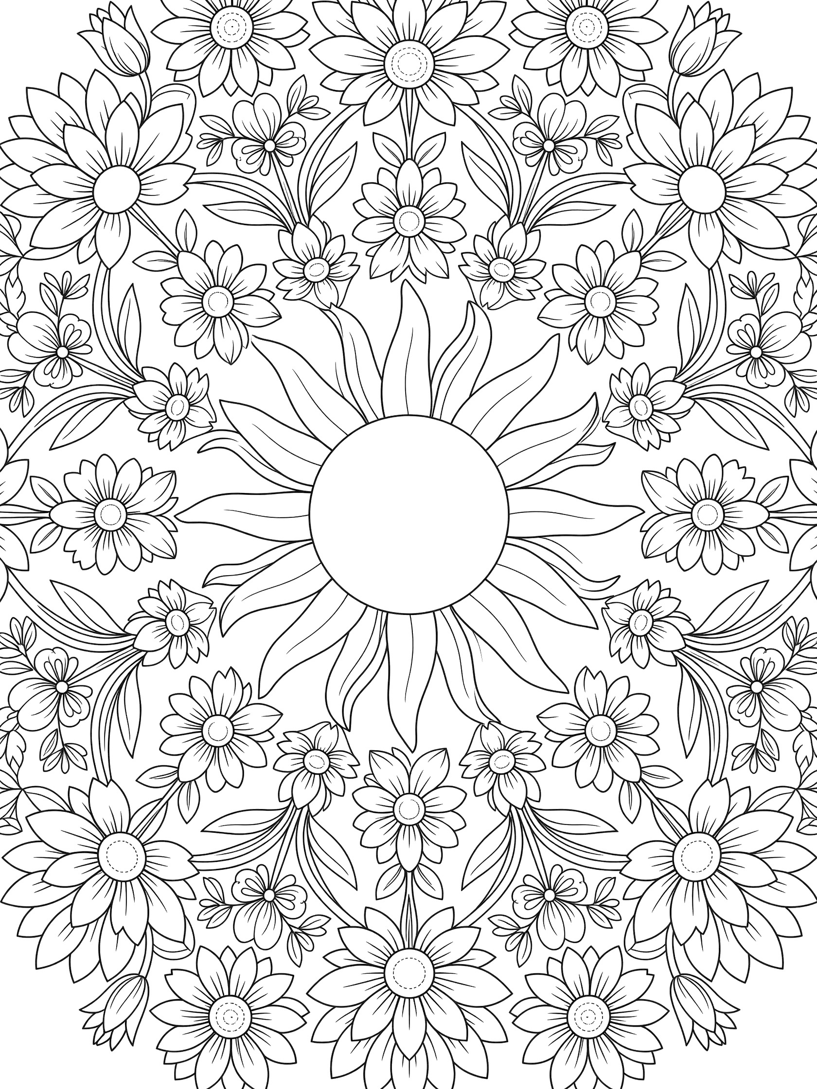 Symmetrical black line art of a radiant sun mandala surrounded by flowers, petals, vines and leaves in a repeating pattern for coloring.