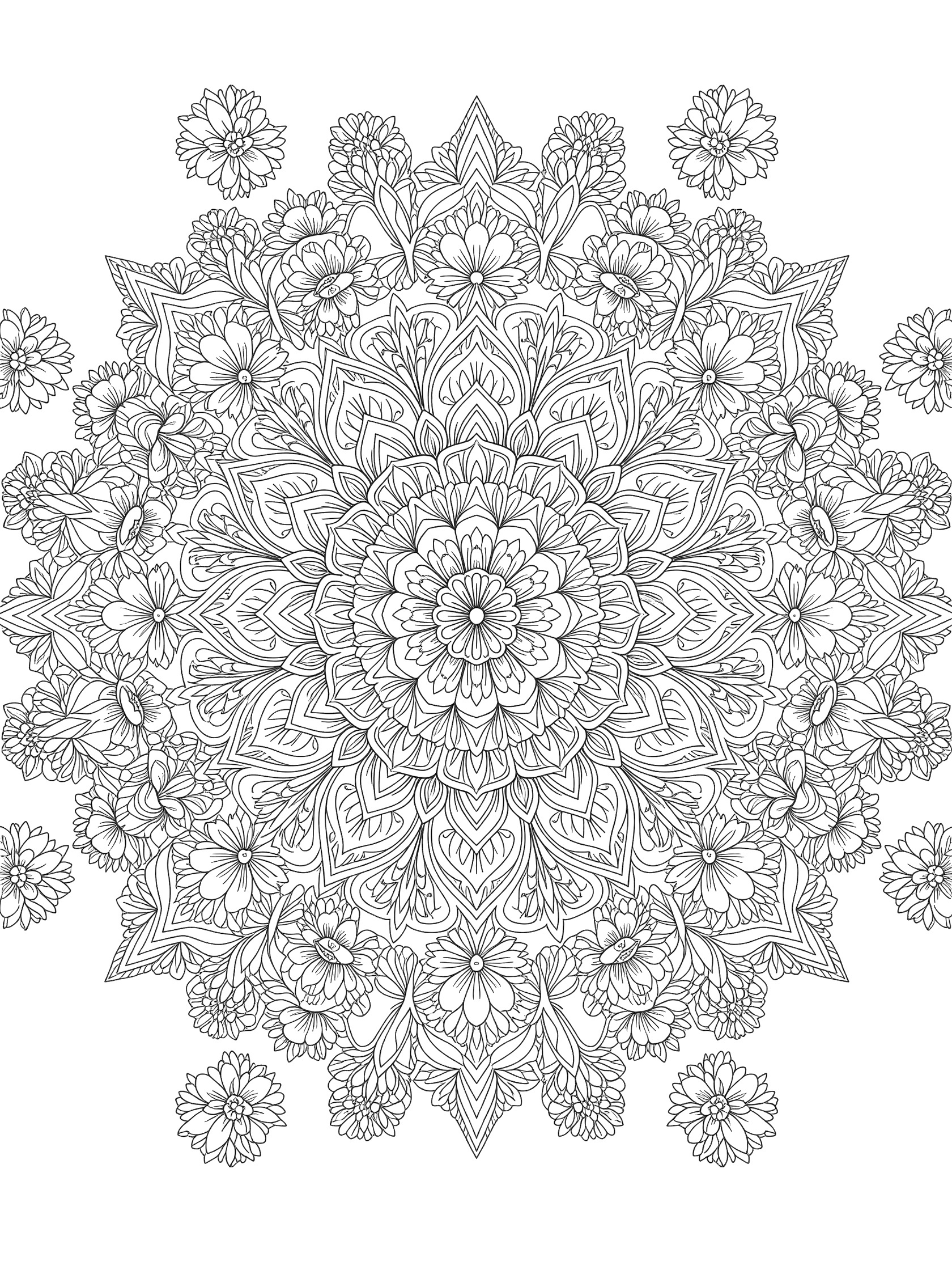 Black and white line art of a round floral sunburst mandala with layered flowers, petals, and detailed patterns, fully outlined for coloring.
