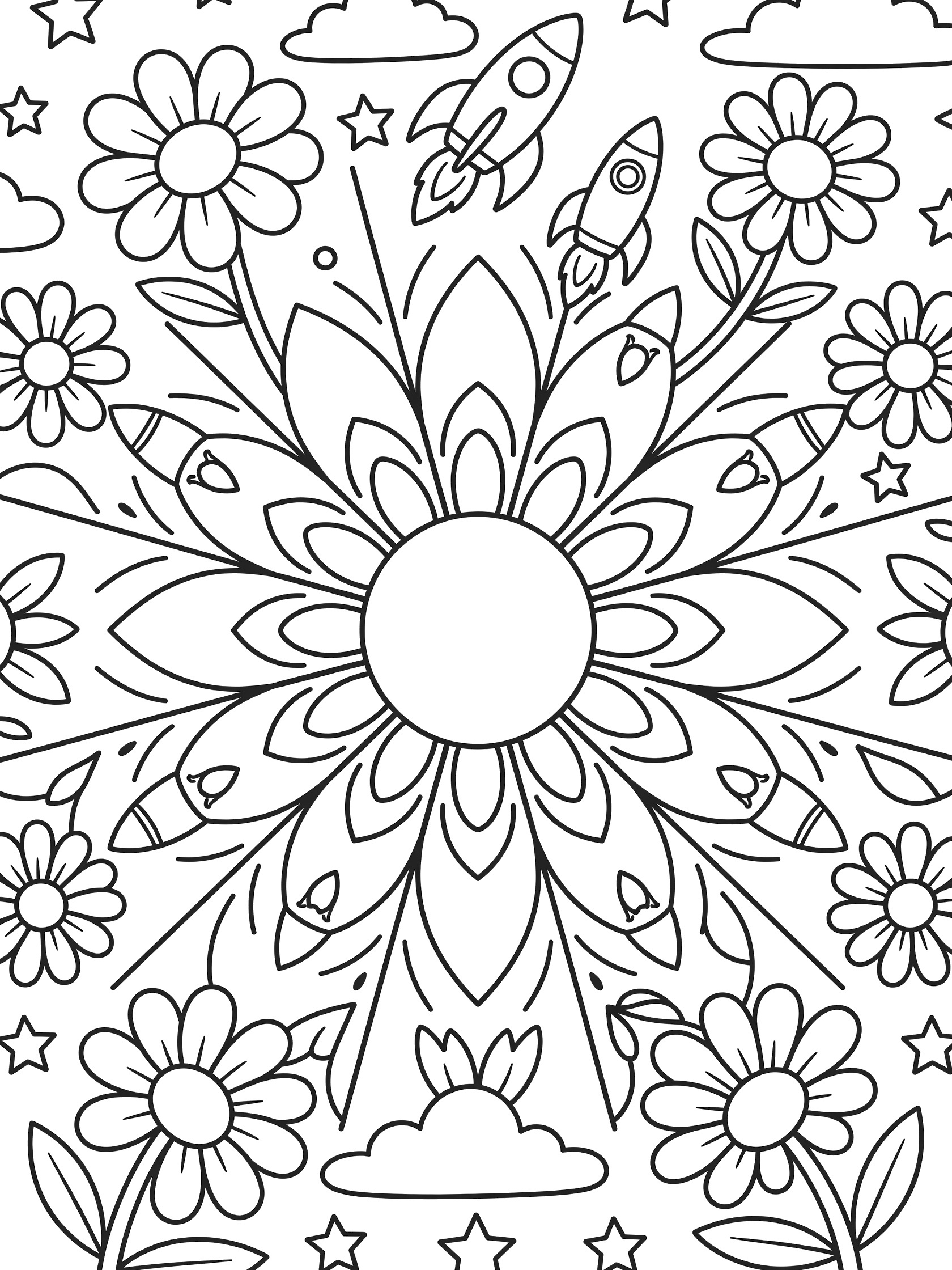 Black and white floral sunburst mandala coloring page featuring whimsical space sunflower design for easy preschool coloring.