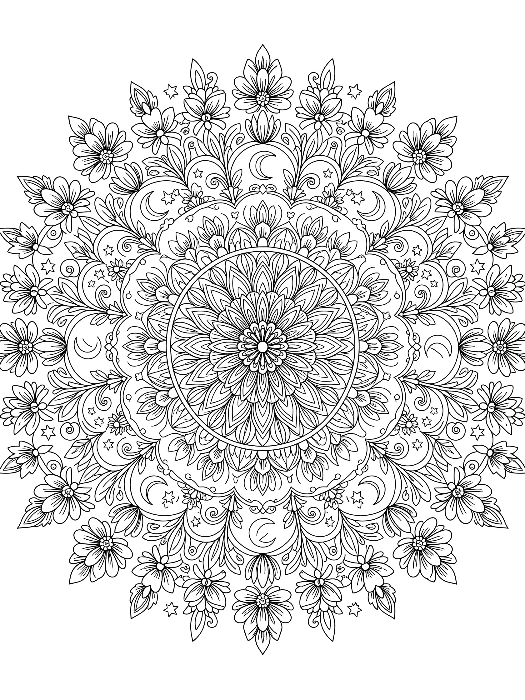 Black and white printable coloring page of a symmetrical floral sunburst mandala with flowers, leaves, stars, crescent moons, and curling vines.