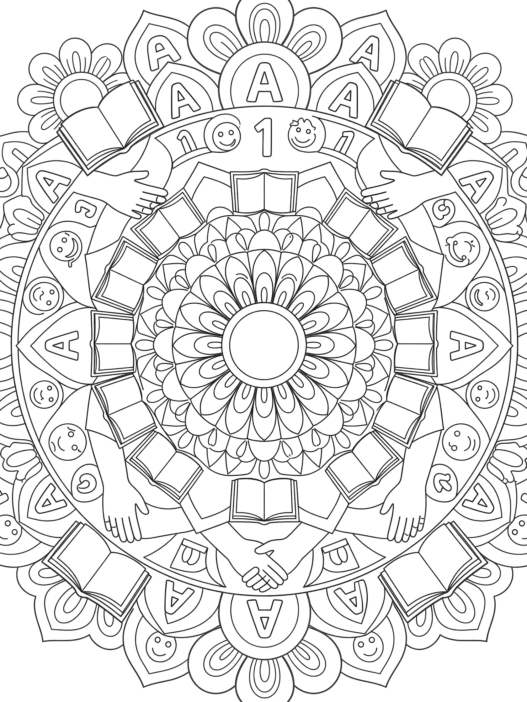 Black and white printable coloring page of a floral sunburst mandala with open books, smiling faces, hands, and letter A designs in a symmetric pattern.