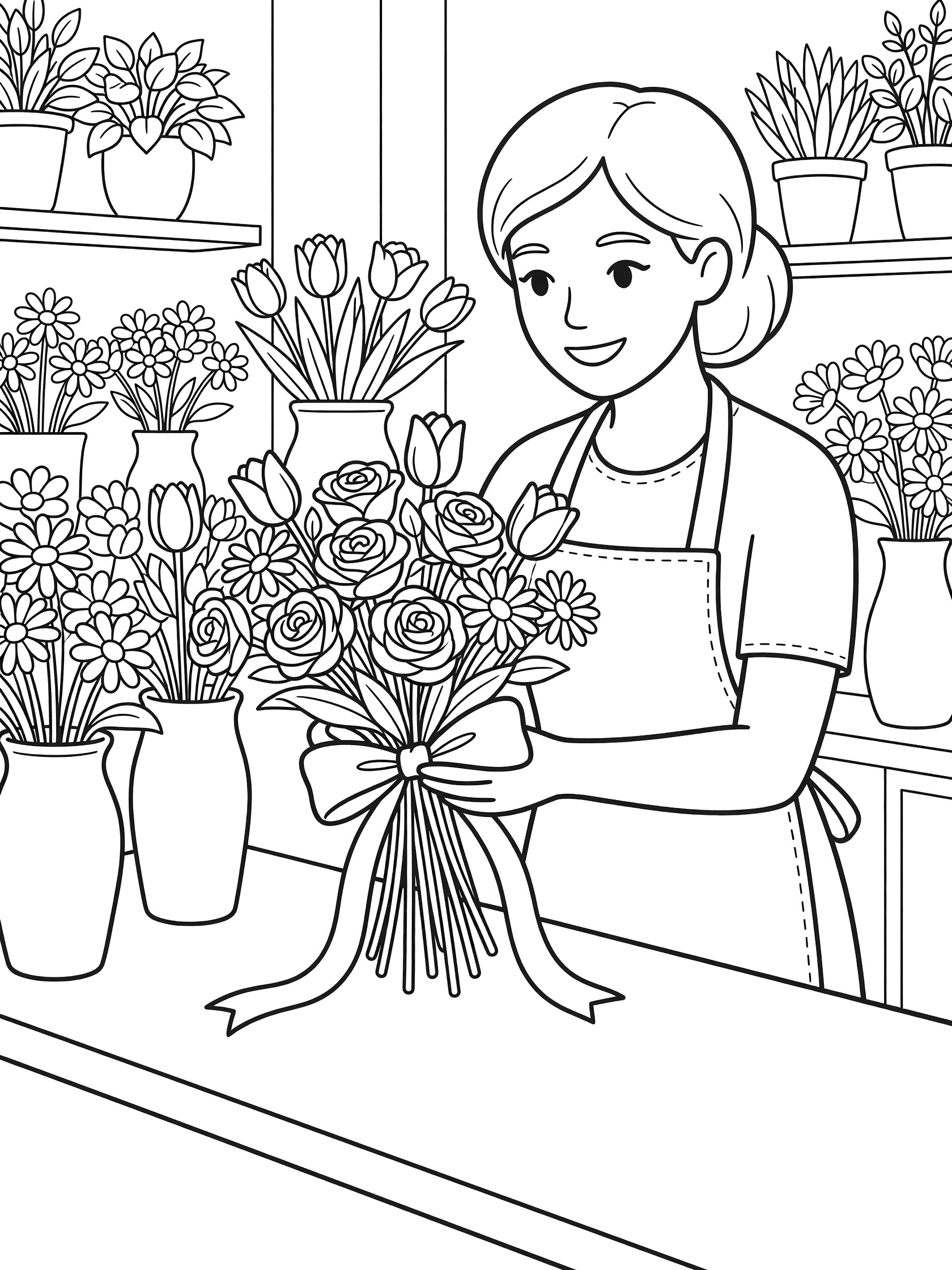 Black and white line art of a smiling florist wearing an apron arranging a bouquet of roses, tulips and daisies with a ribbon in a flower shop.