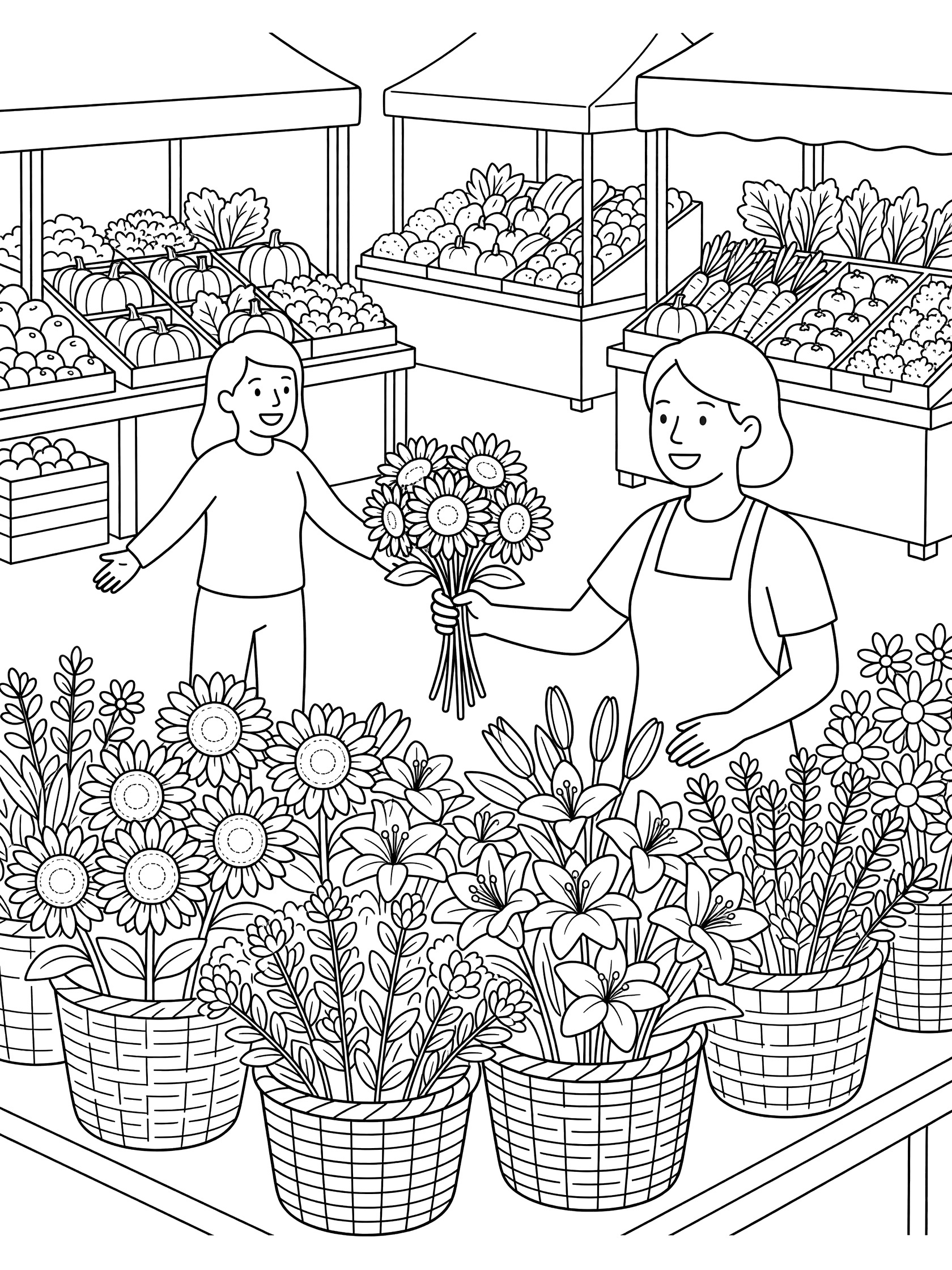 Black and white coloring page of a florist behind her flower stall at a community market, giving a bunch of sunflowers to a happy customer, with nearby veggie stands.
