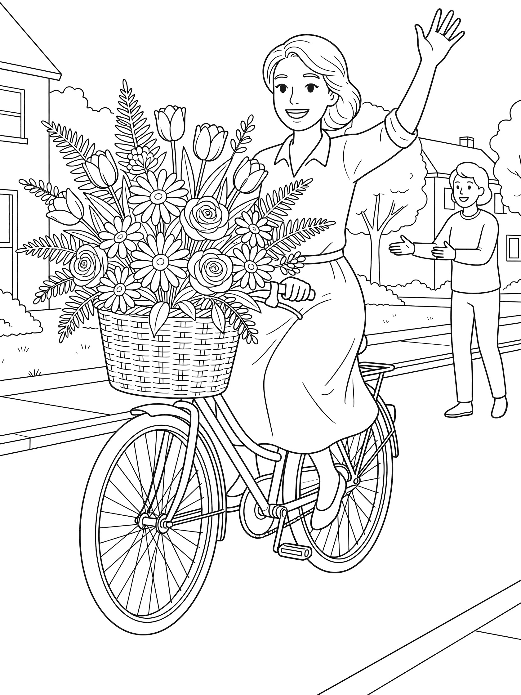 Black-and-white coloring page of a smiling female florist riding a bicycle loaded with overflowing flowers, waving to a neighbor on the street