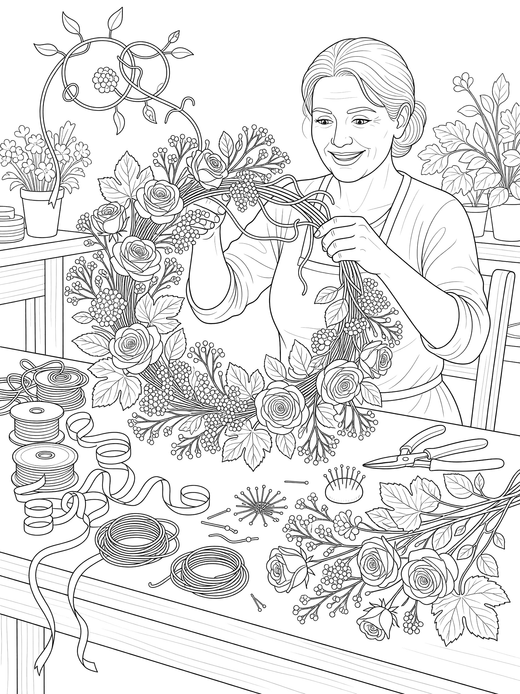 Black-and-white line art of a smiling florist sitting at a table, making an intricate floral wreath with roses, vines, and leaves for the town festival, surrounded by ribbons, tools, and extra flowers.