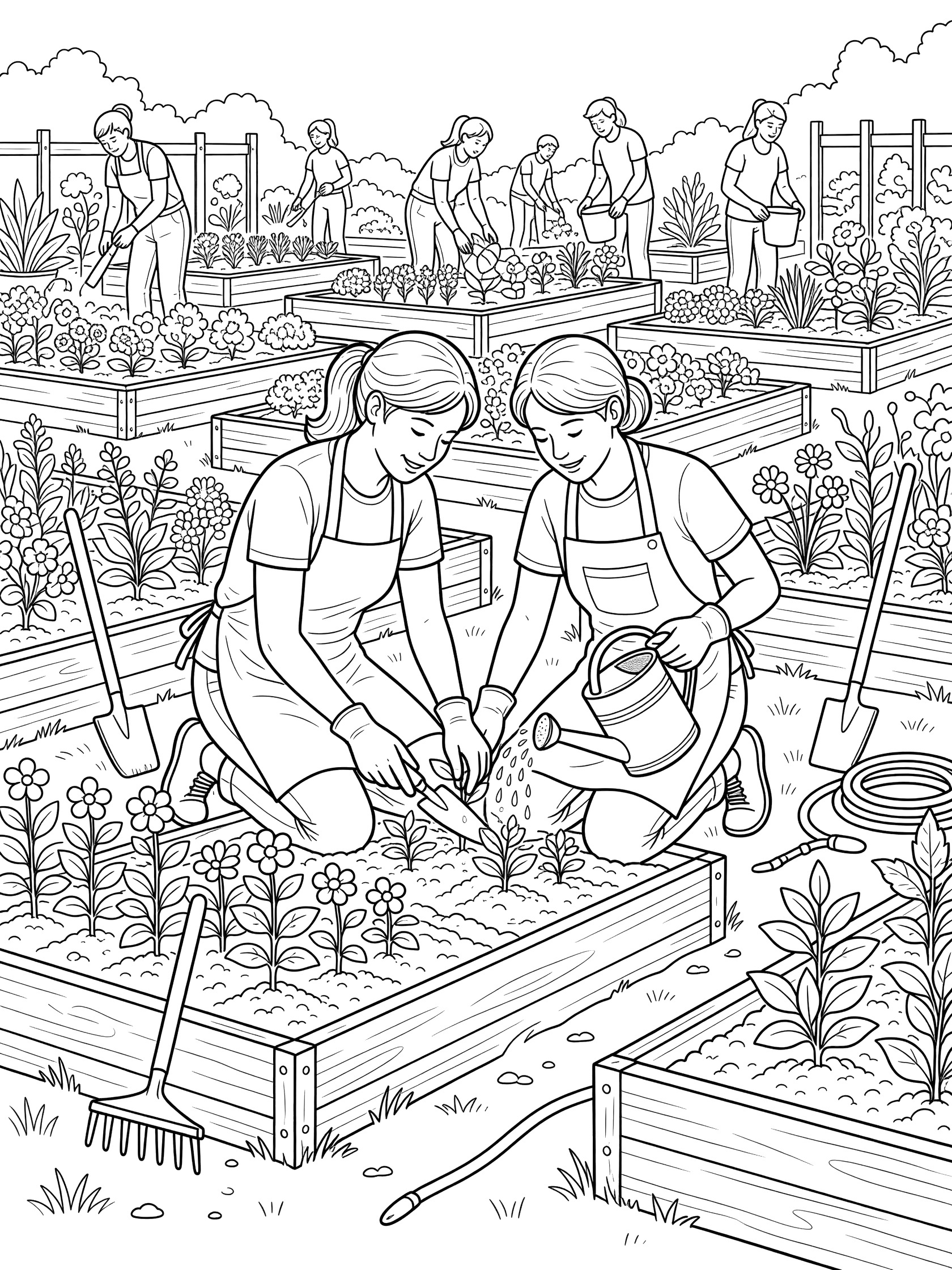 Black-and-white coloring page of a florist planting seedlings in a community garden raised bed, using a trowel and watering can, with other gardeners in the background.