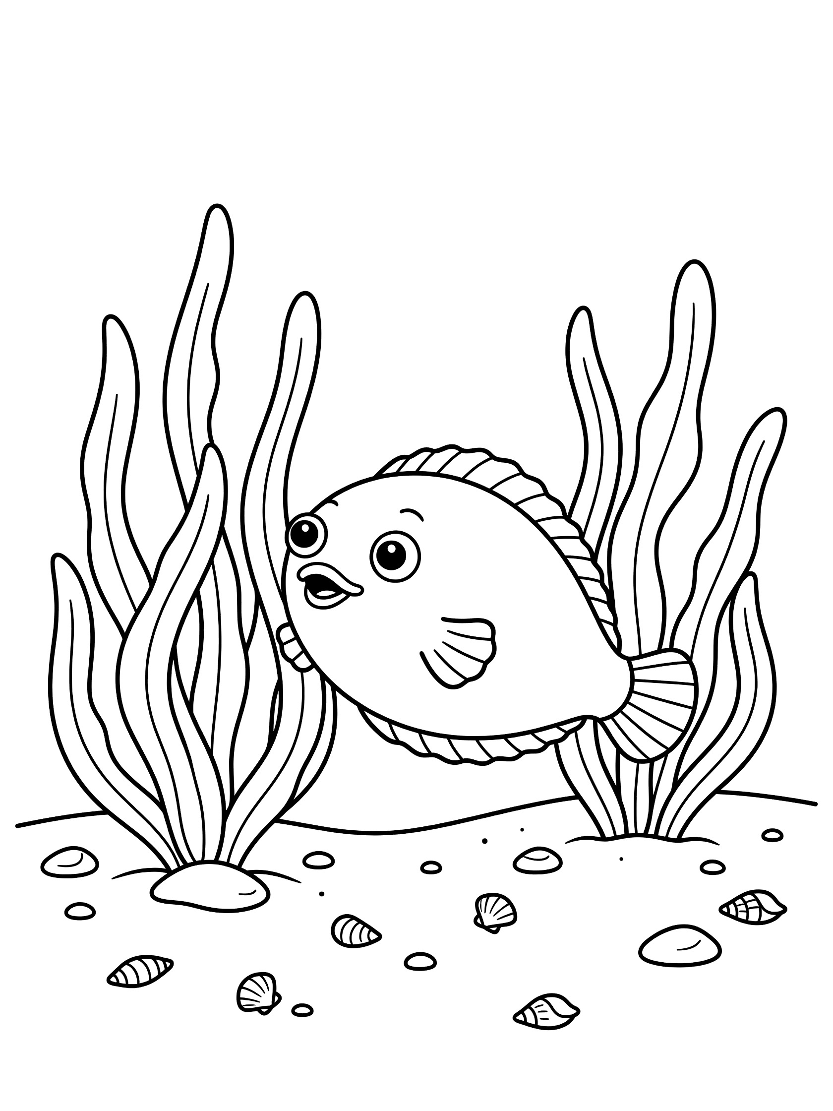 Black and white line art coloring page showing a wide-eyed flounder fish peeking out from swaying seaweed, surrounded by small shells and pebbles on sandy ocean floor.
