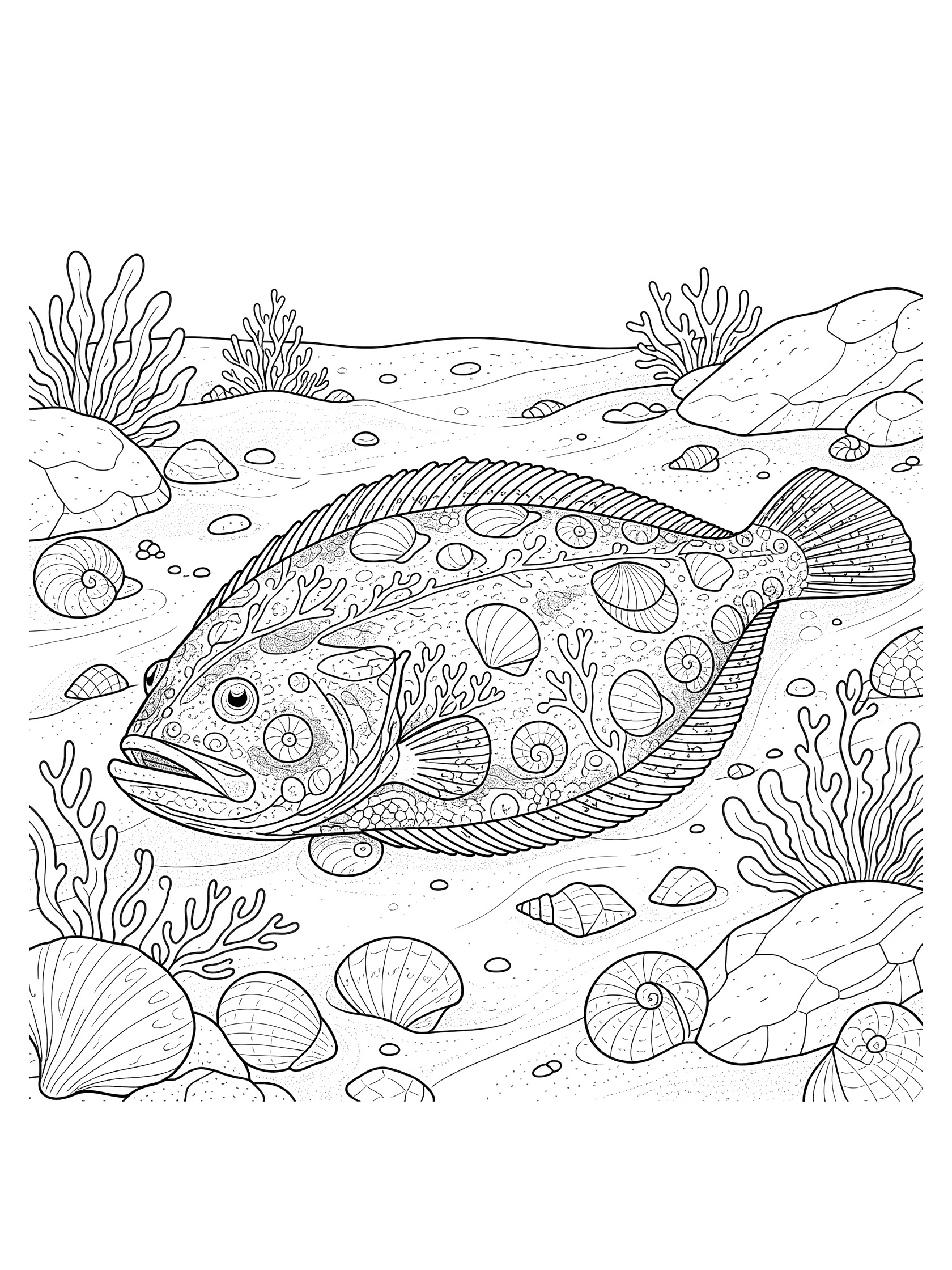 Black and white line art of a flounder fish camouflaged on sandy ocean floor with shells, rocks, and seaweed, printable coloring page.