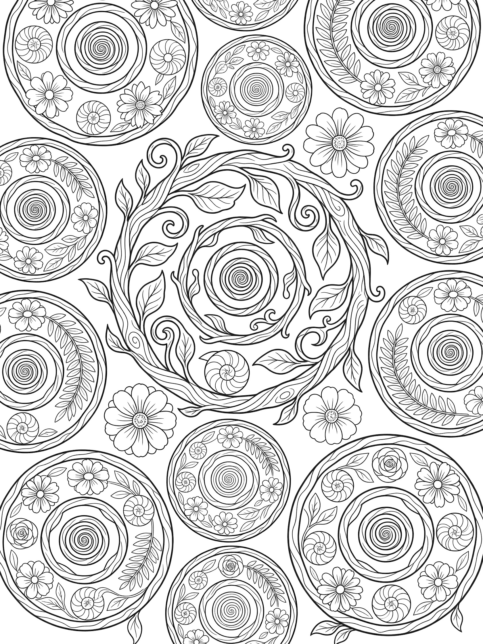 Black and white line art coloring page with round flower shapes, spiral centers, and swirling leaf vines arranged in a symmetric pattern. Spirals themed black and white printable line art