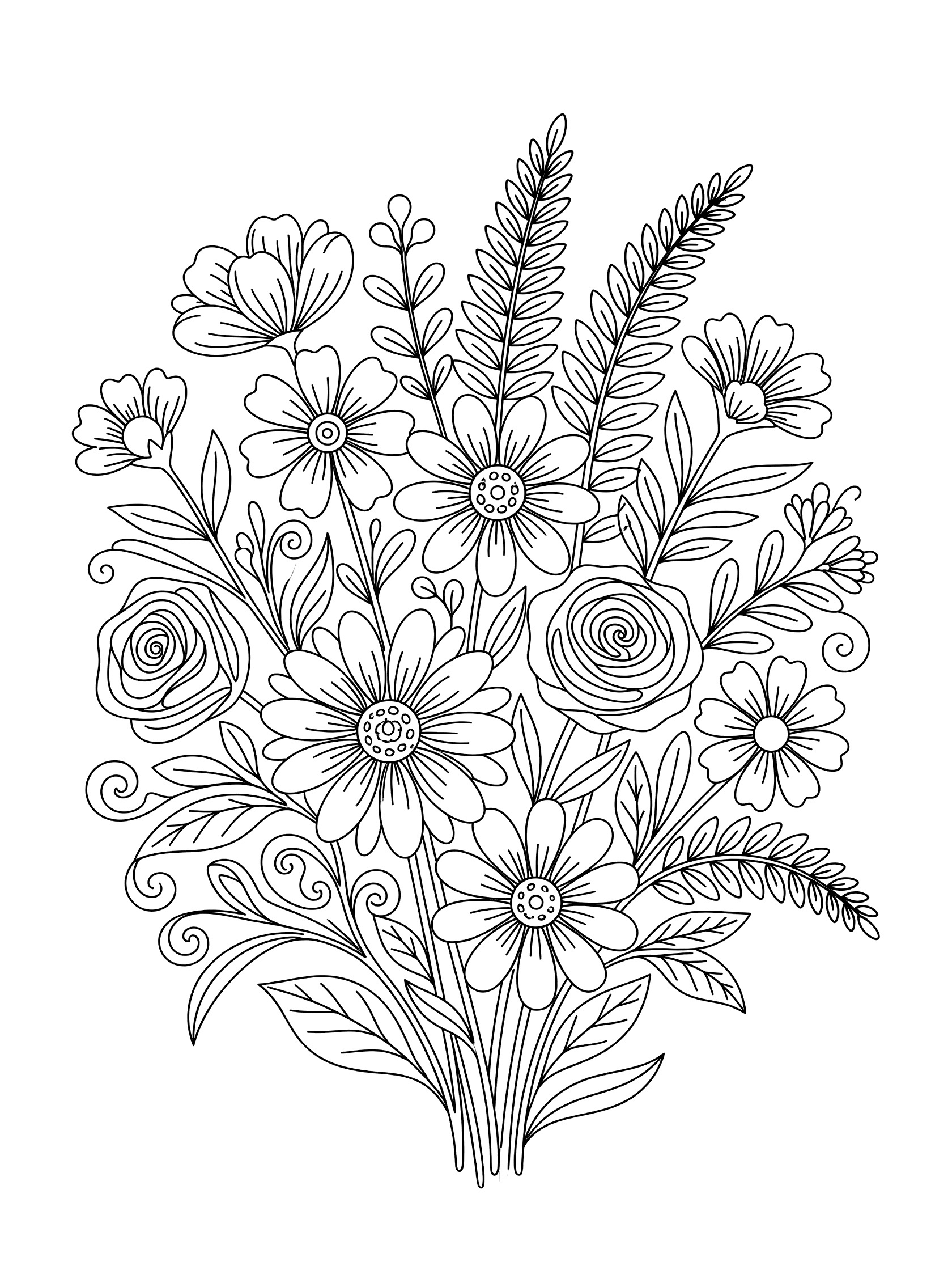 Black and white line drawing of a flower bouquet with daisies, roses, leaves and ferns. Bouquets themed black and white printable line art