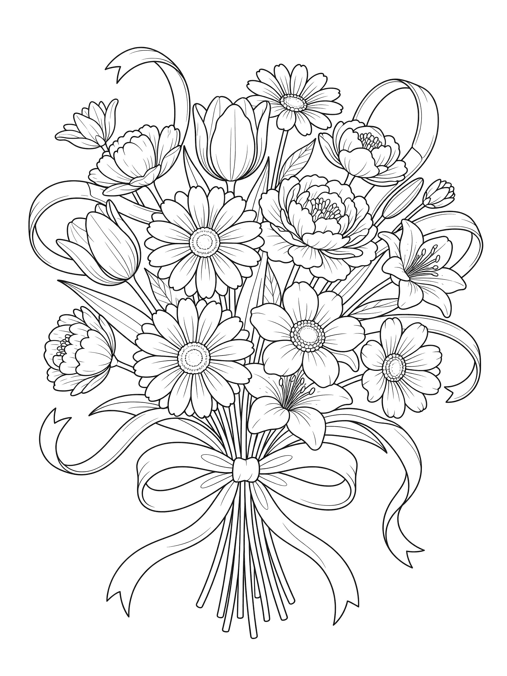 Black and white line drawing of a flower bouquet with daisies, tulips, peonies, and tied ribbons for coloring. Bouquets themed black and white printable line art