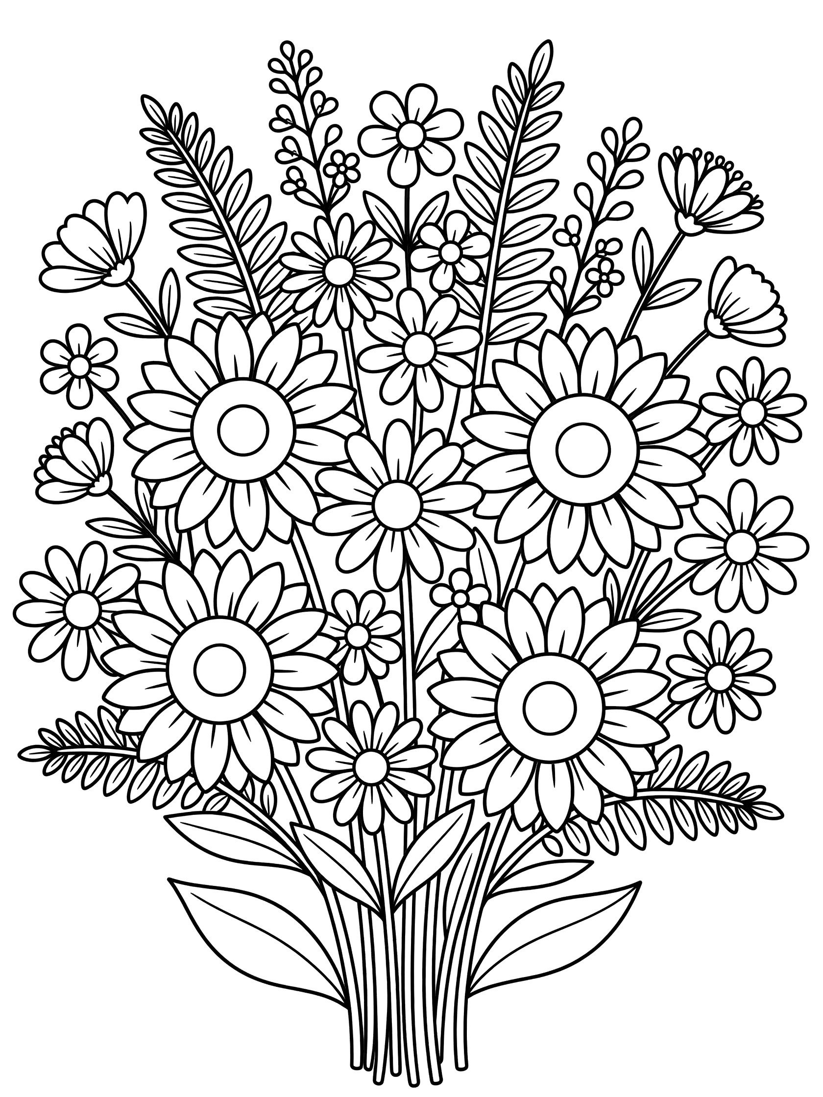 Black and white line art of a rustic flower bouquet with sunflowers, daisies, ferns and leaves, fully outlined for easy coloring. Bouquets themed black and white printable line art