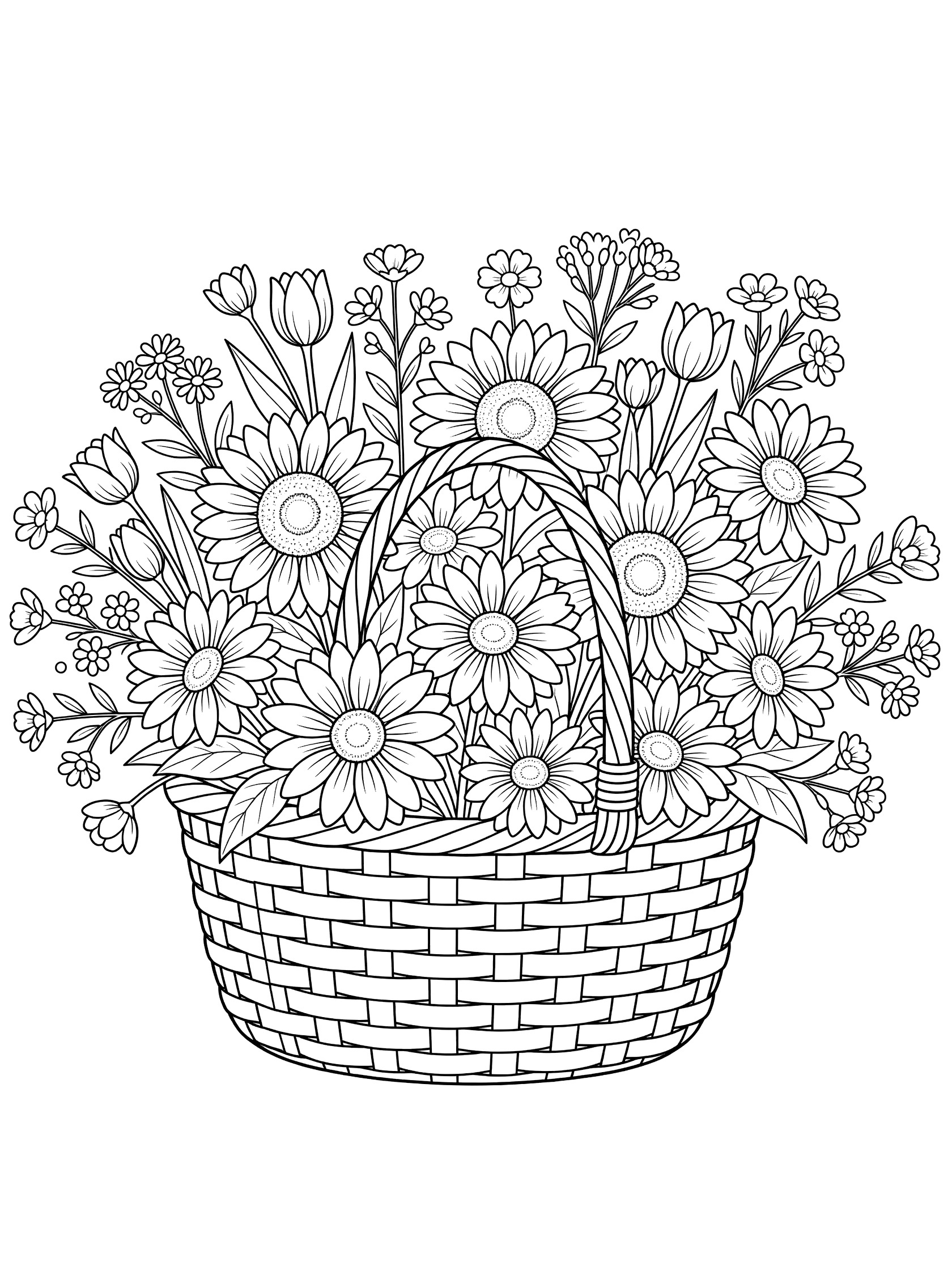 Black and white line drawing of a basket filled with daisies, tulips and assorted flowers, ready to color. Bouquets themed black and white printable line art