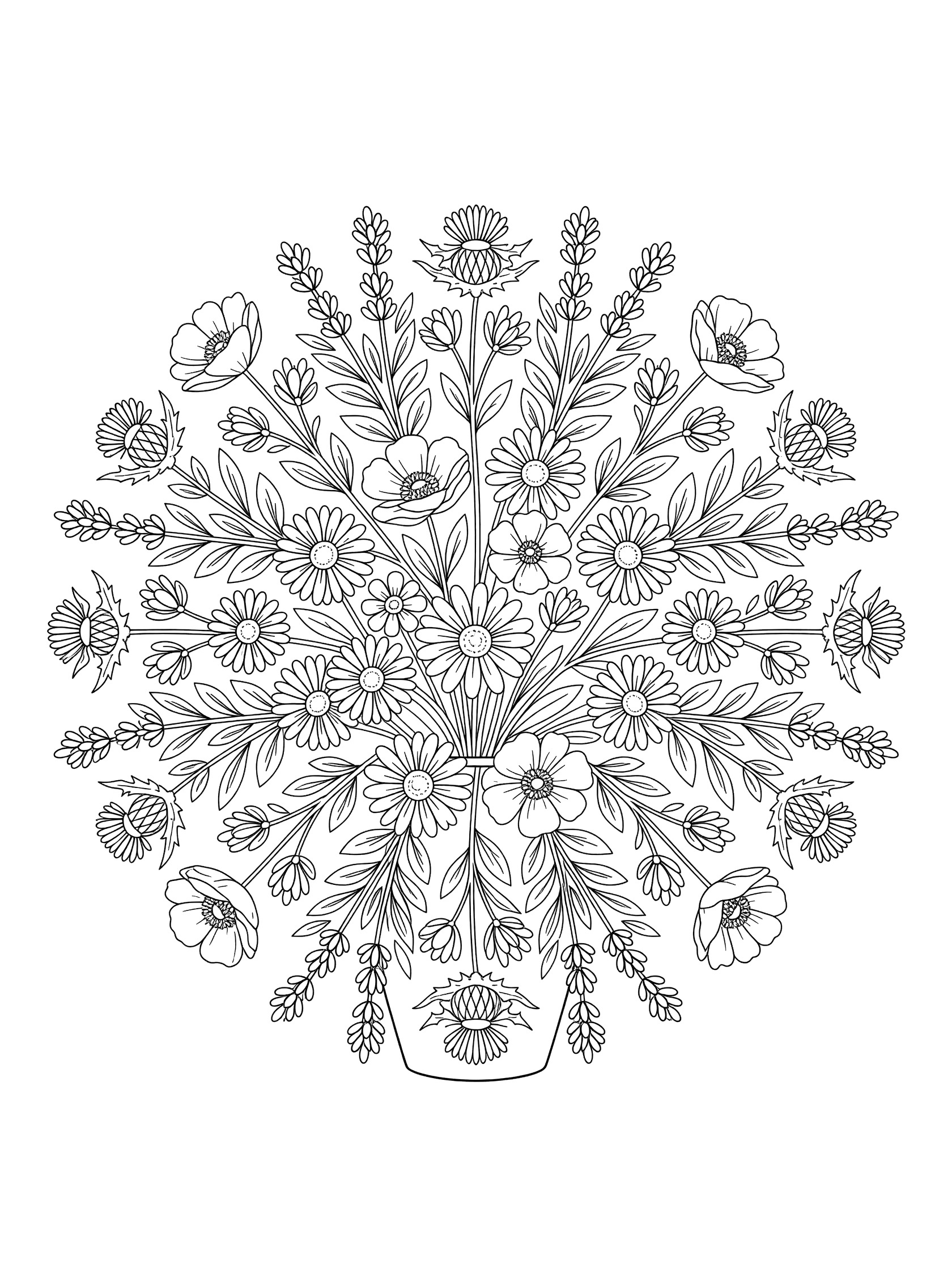 Black and white line art coloring page showing a symmetrical circular bouquet of daisies, poppies, lavender stems, and thistles arranged in a vase. Bouquets themed black and white printable line art