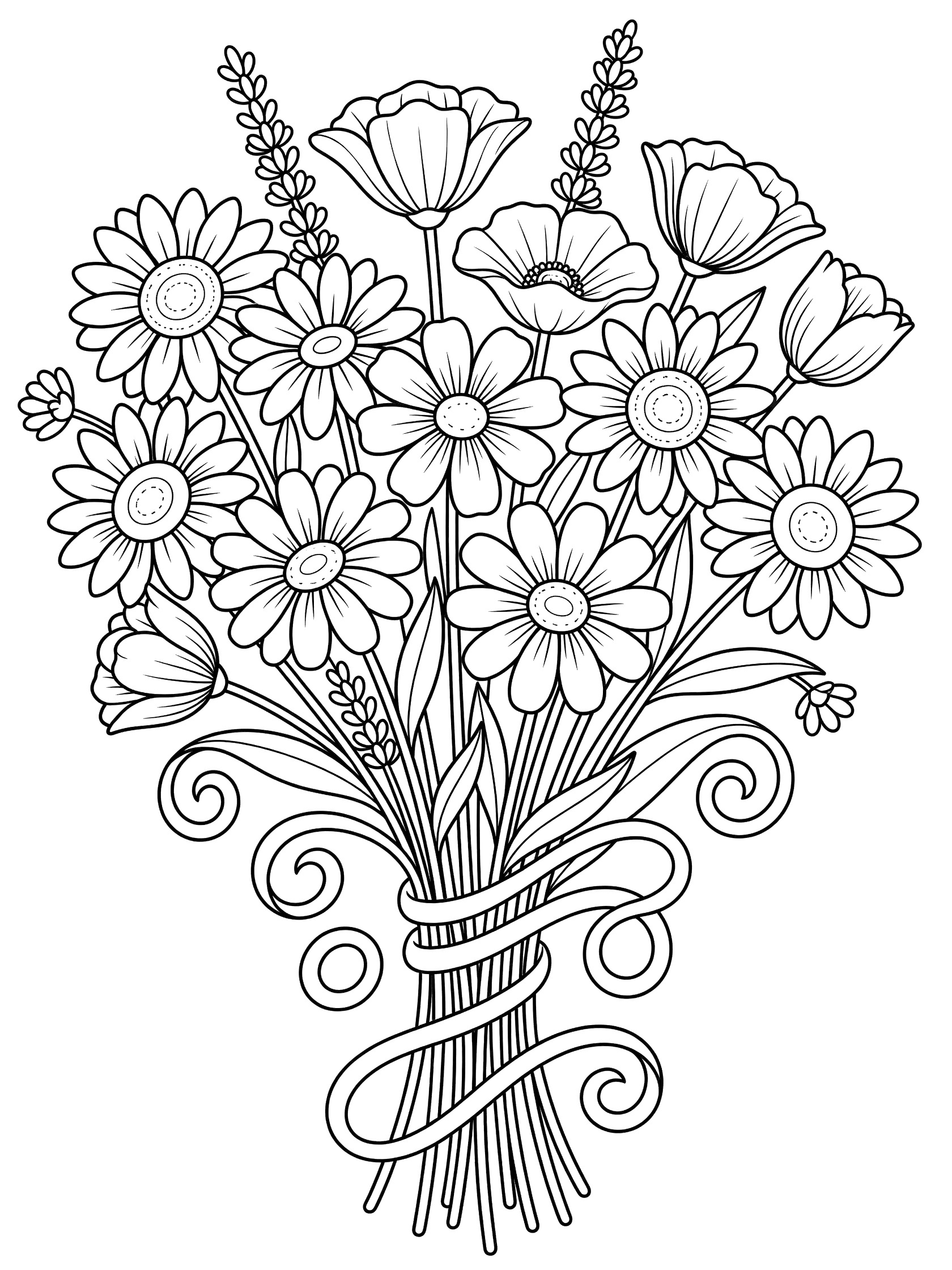 Black and white line drawing of a wildflower bouquet with daisies, poppies, lavender stems, and curly ribbon, perfect for kids coloring. Bouquets themed black and white printable line art