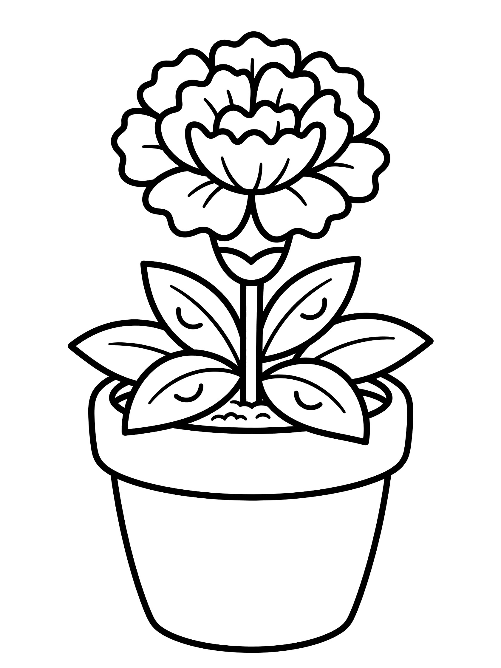 Black and white line art coloring page showing a single cartoon flower with ruffled petals on a short stem and happy leaves in a rounded pot with soil. Carnation themed black and white printable line art
