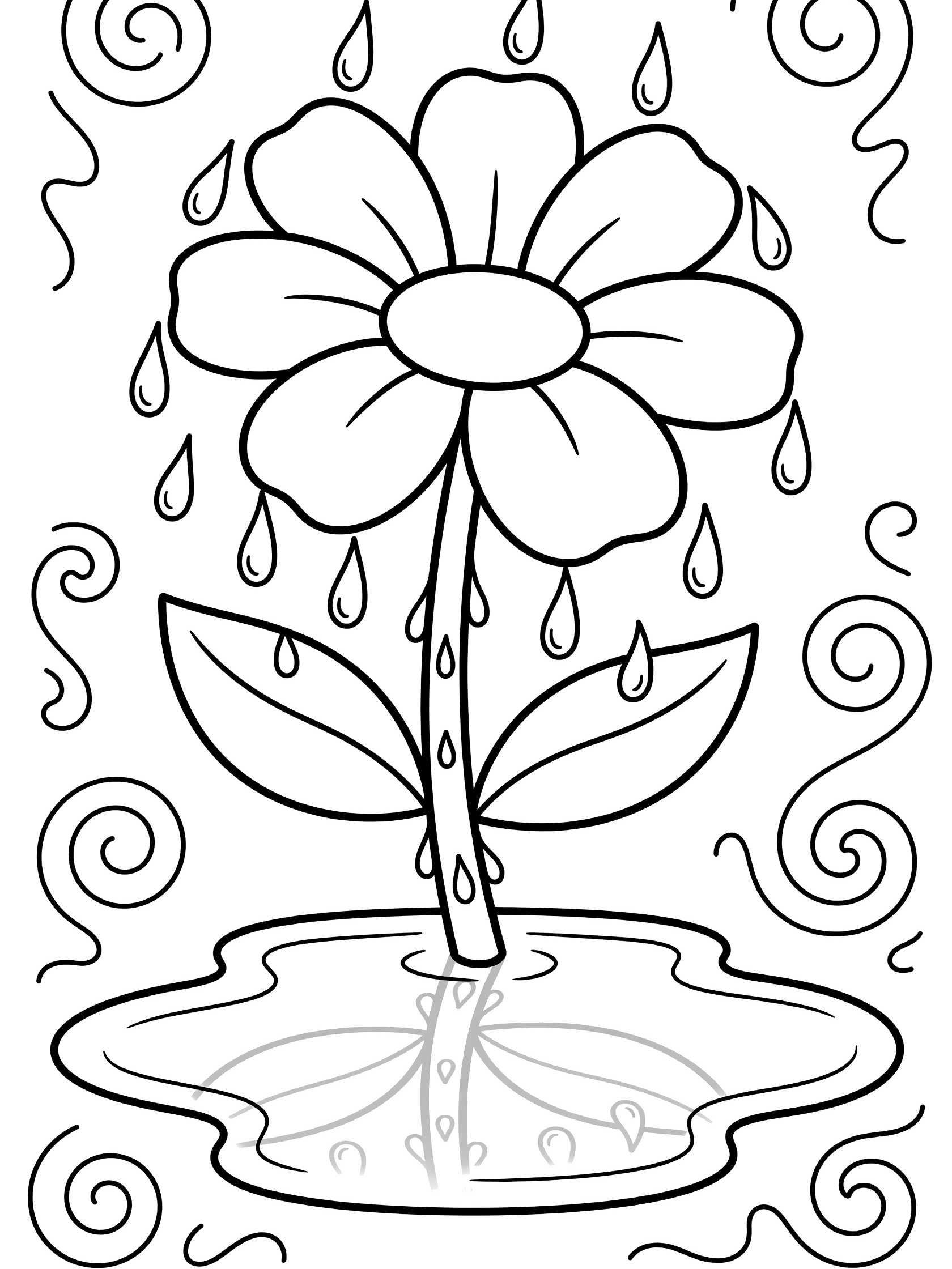 Black and white coloring page of a single flower with raindrops falling from petals to leaves and stem, water beads on parts, puddle at base with reflection, surrounded by doodle swirls. Violet themed black and white printable line art