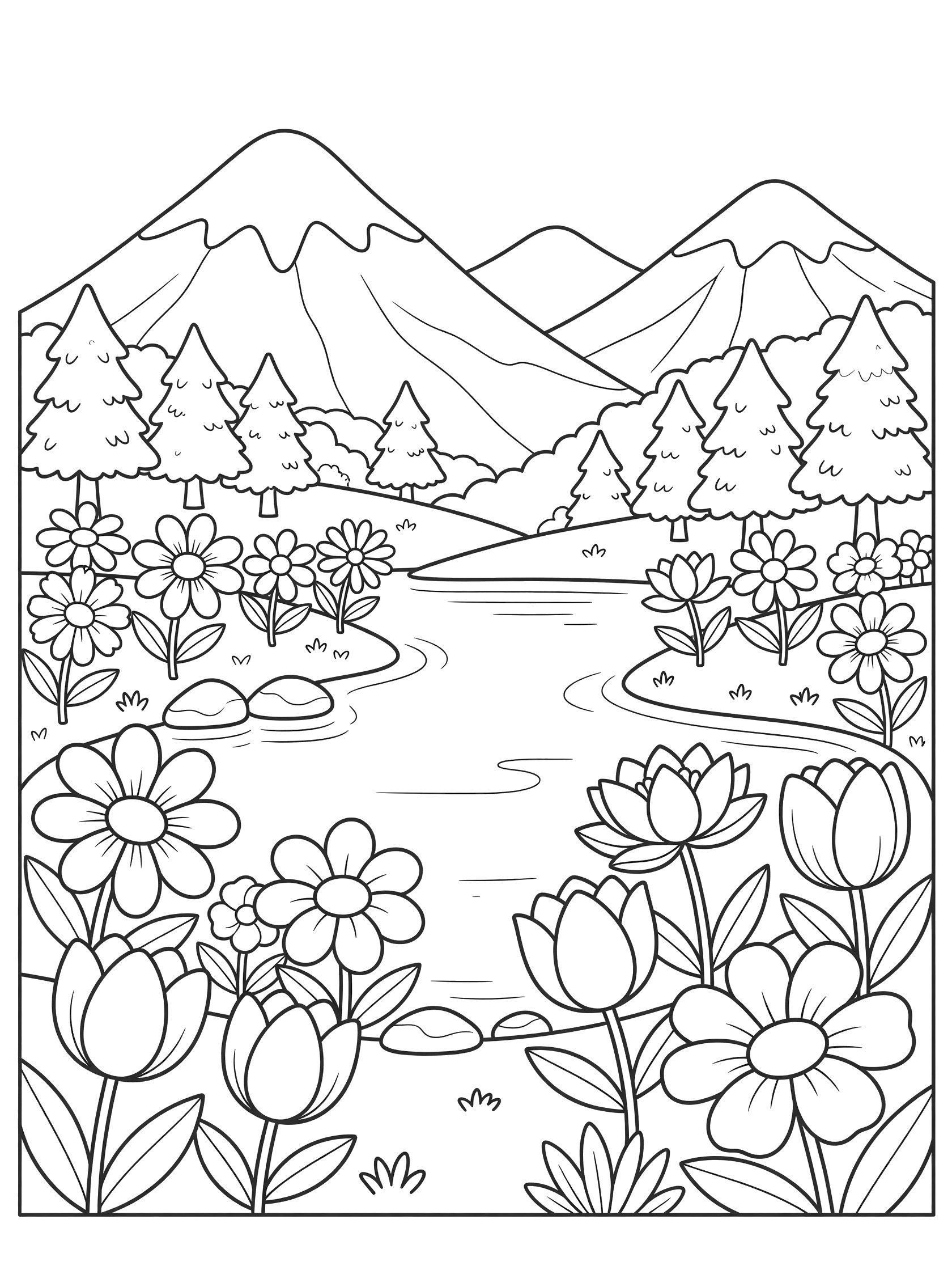 Kawaii black and white line art of a mountain lake with flower-lined shores, pine trees, and rounded snow-capped mountains.