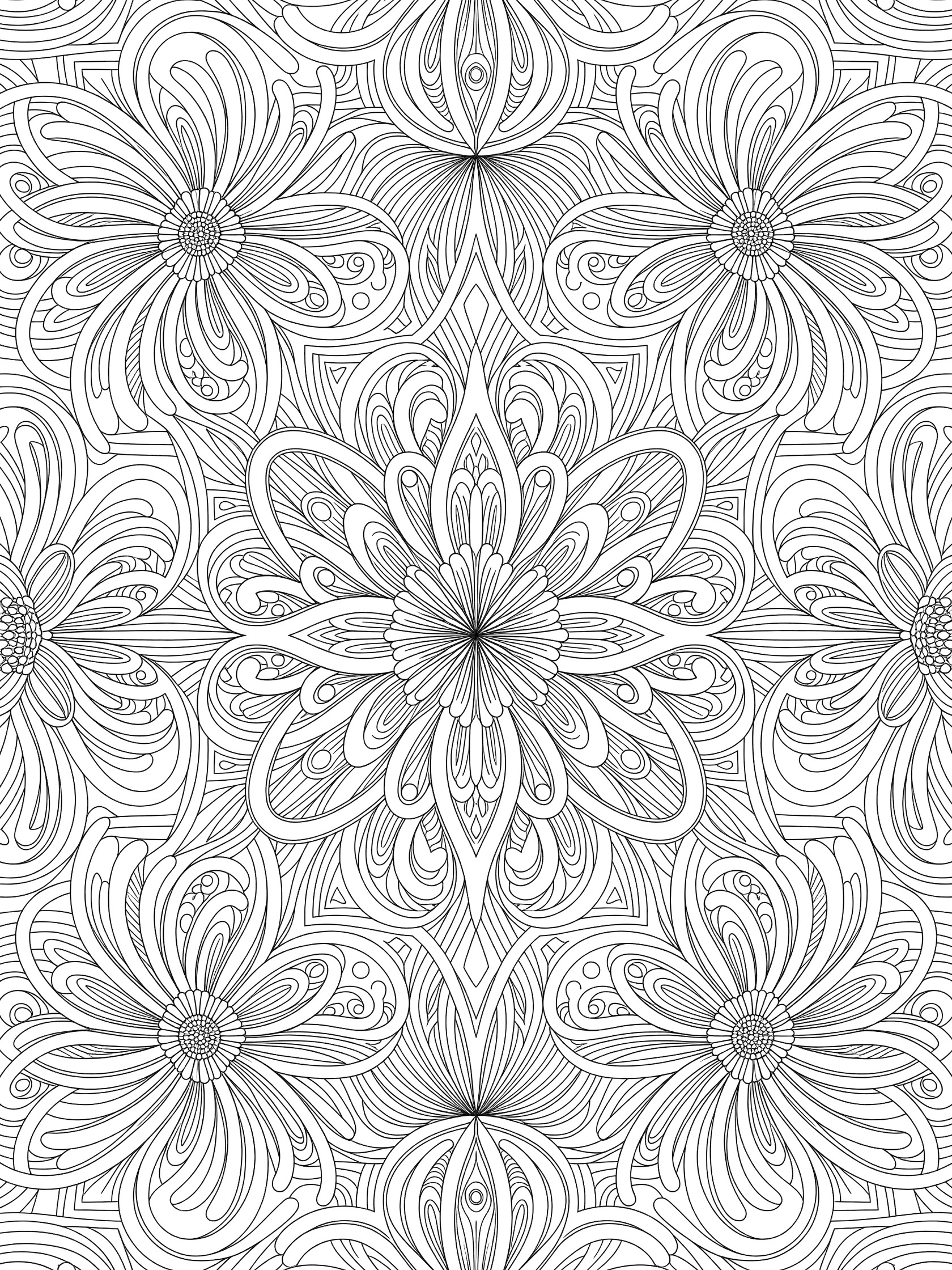 Black and white line art of a symmetrical flower mandala with repeating petal designs and central flower pattern, ideal for coloring. Sea Anemone themed black and white printable line art