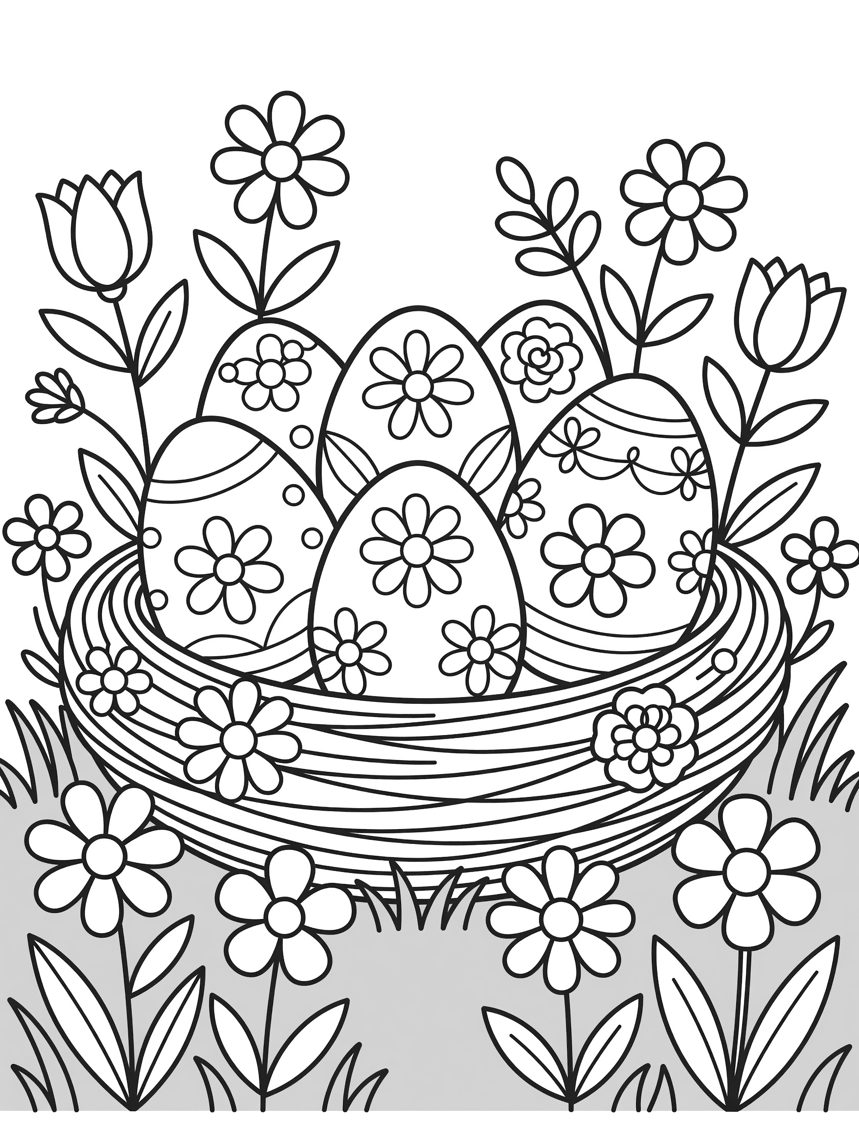 Black and white line art of decorative Easter eggs covered in flower patterns like daisies and tulips, overflowing from a bird's nest surrounded by grass, leaves and blooming flowers.