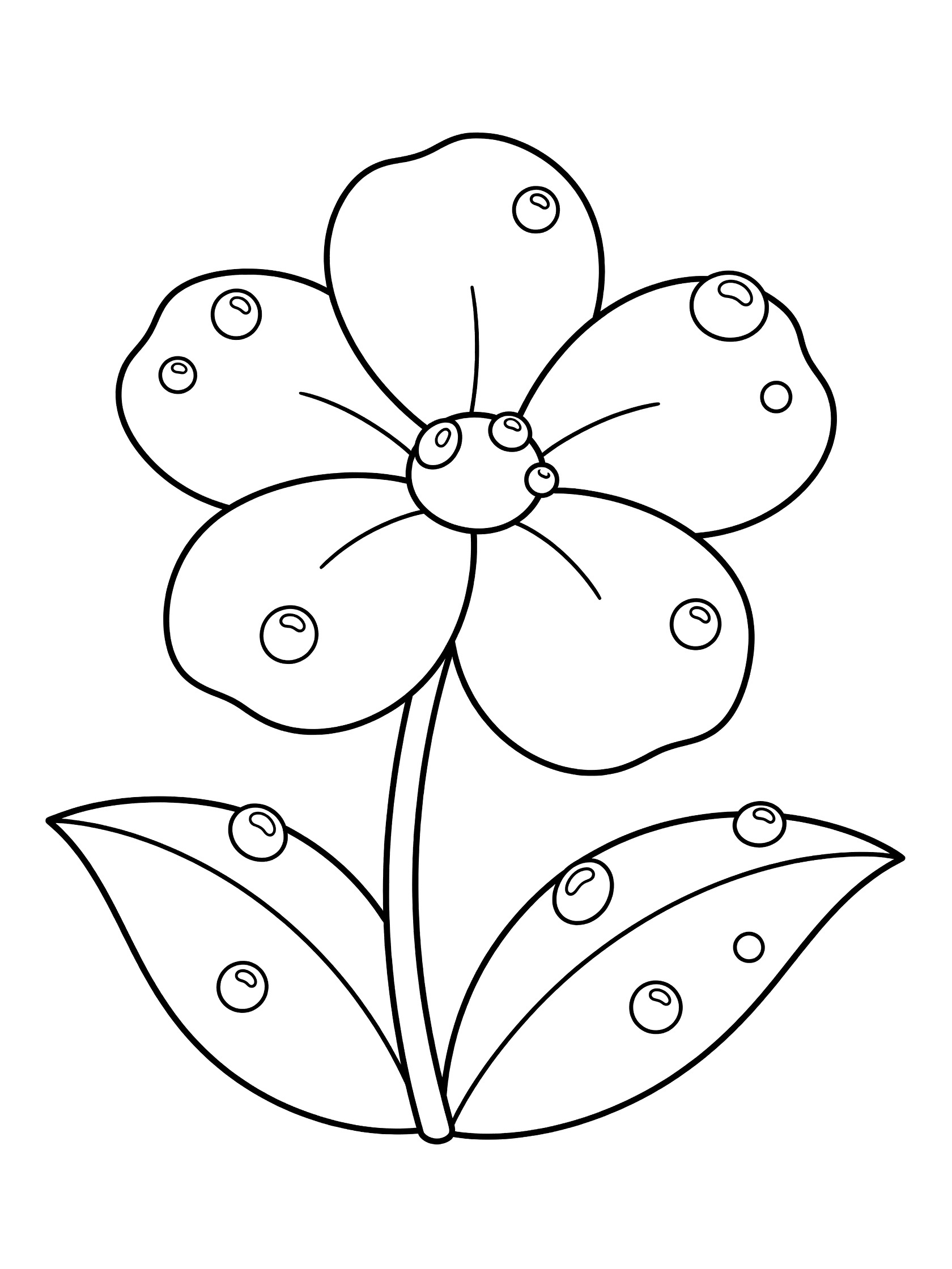 Black and white line drawing of a single flower with large petals covered in dew drops, a bent stem, and broad leaves with dew drops. Violet themed black and white printable line art
