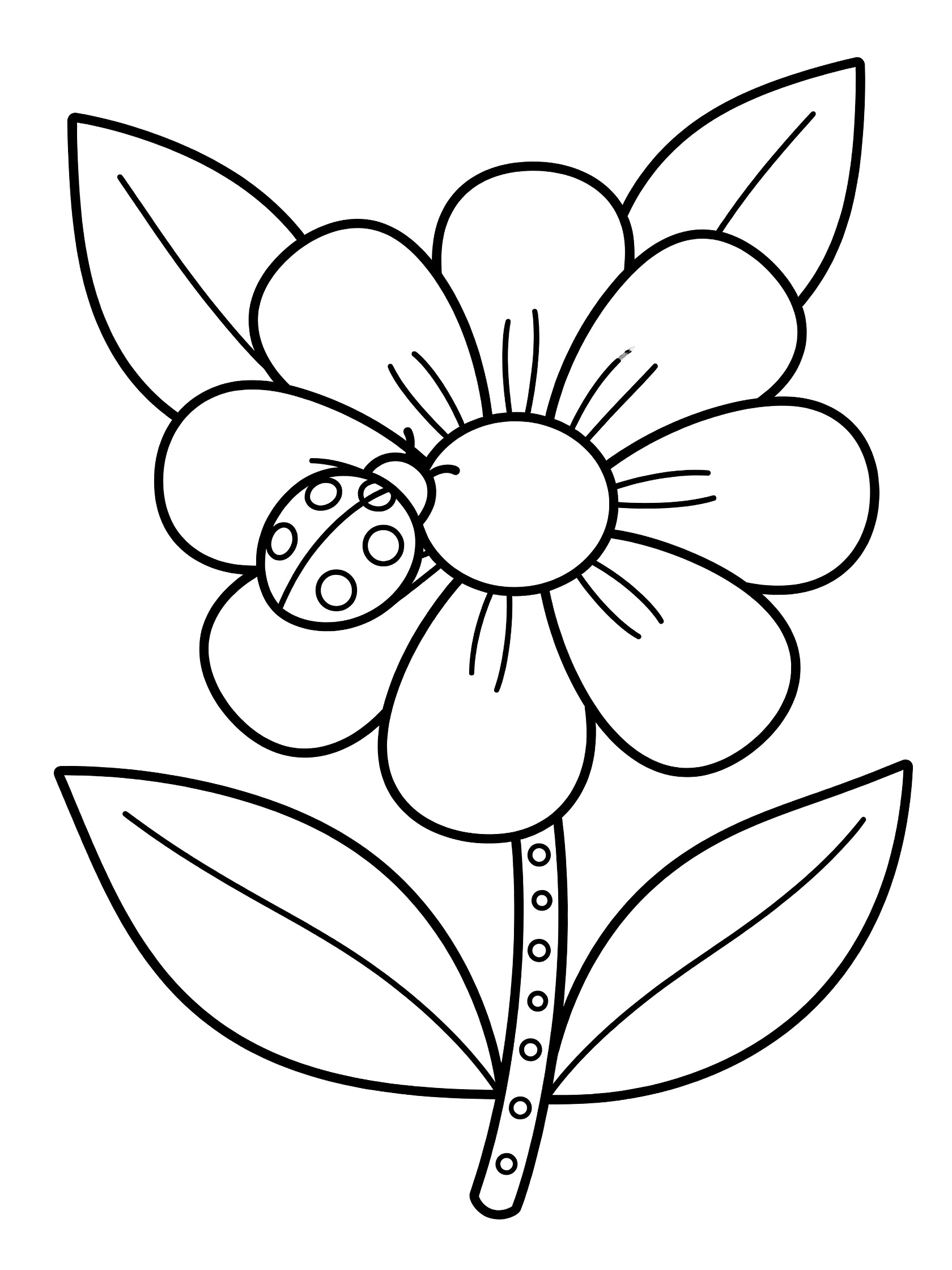 Black and white printable coloring page showing a flower with a ladybug sitting on one petal, curved leaves, and dotted stem. Violet themed black and white printable line art