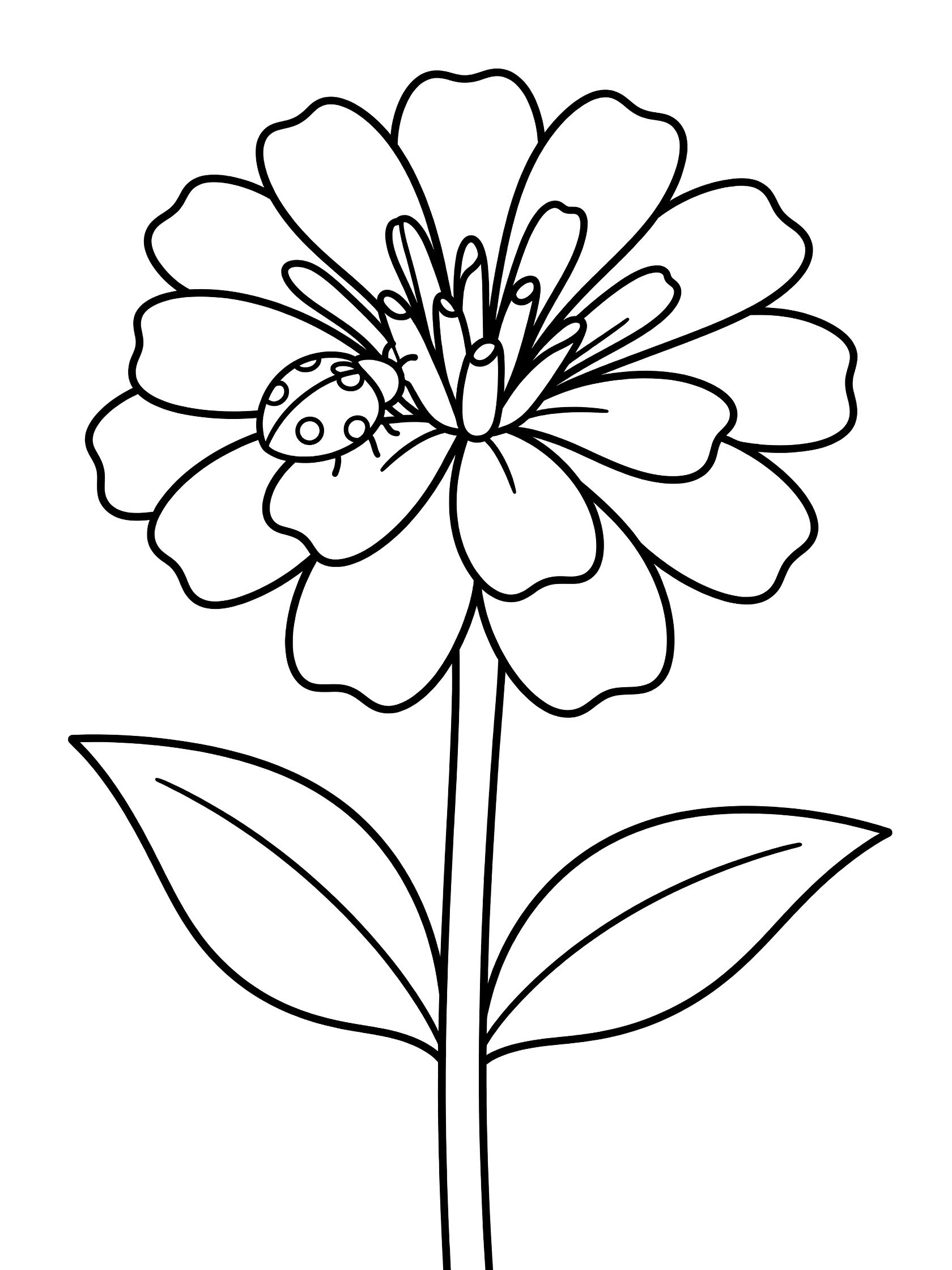 Black and white line drawing of a flower with layered petals, a ladybug with spots on one petal, a straight stem, and two leaves. Zinnia themed black and white printable line art
