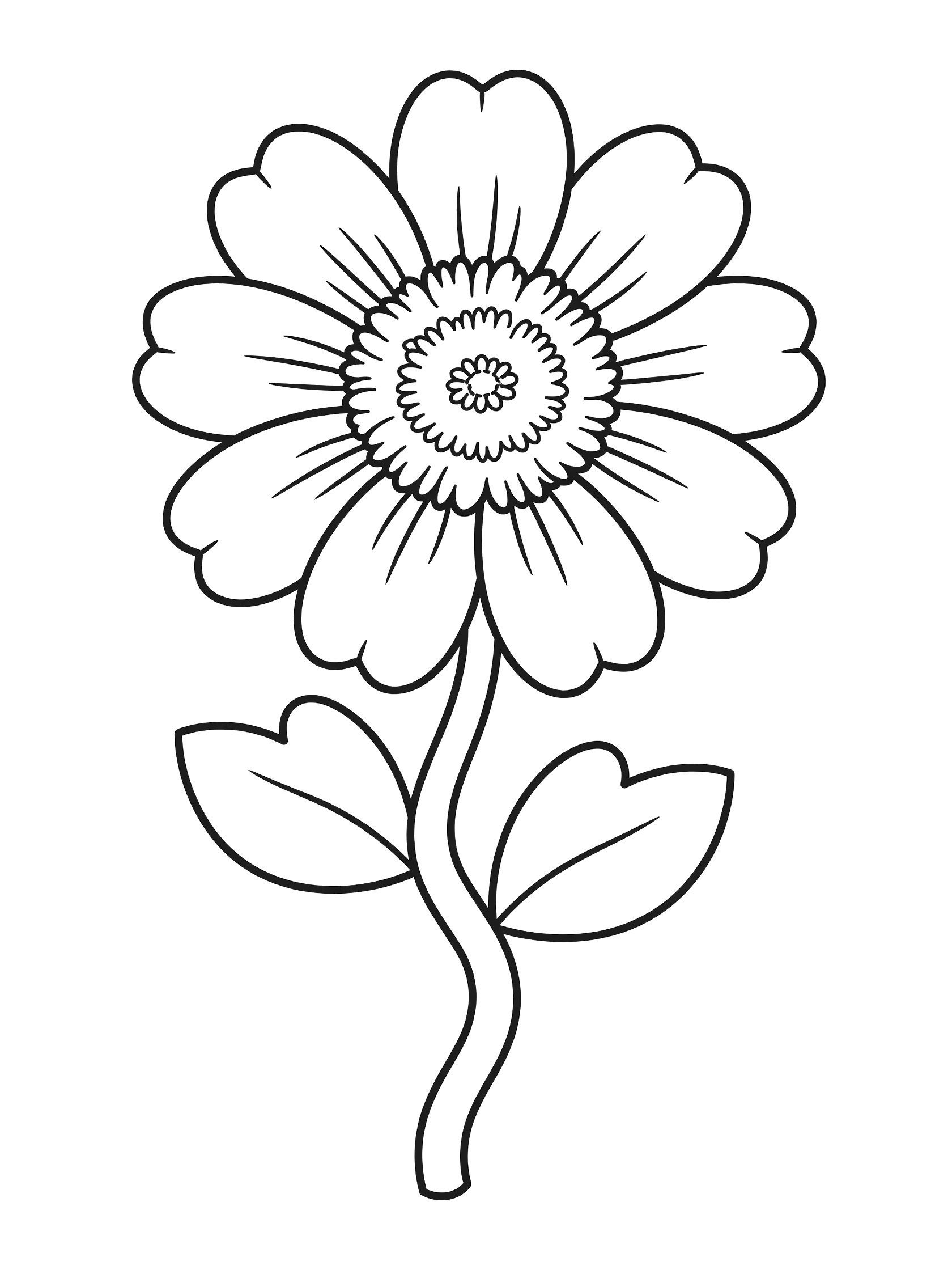 Black and white line drawing of a flower with plump curved petals, center, wavy stem, and leaves for kids coloring page. Daisy themed black and white printable line art