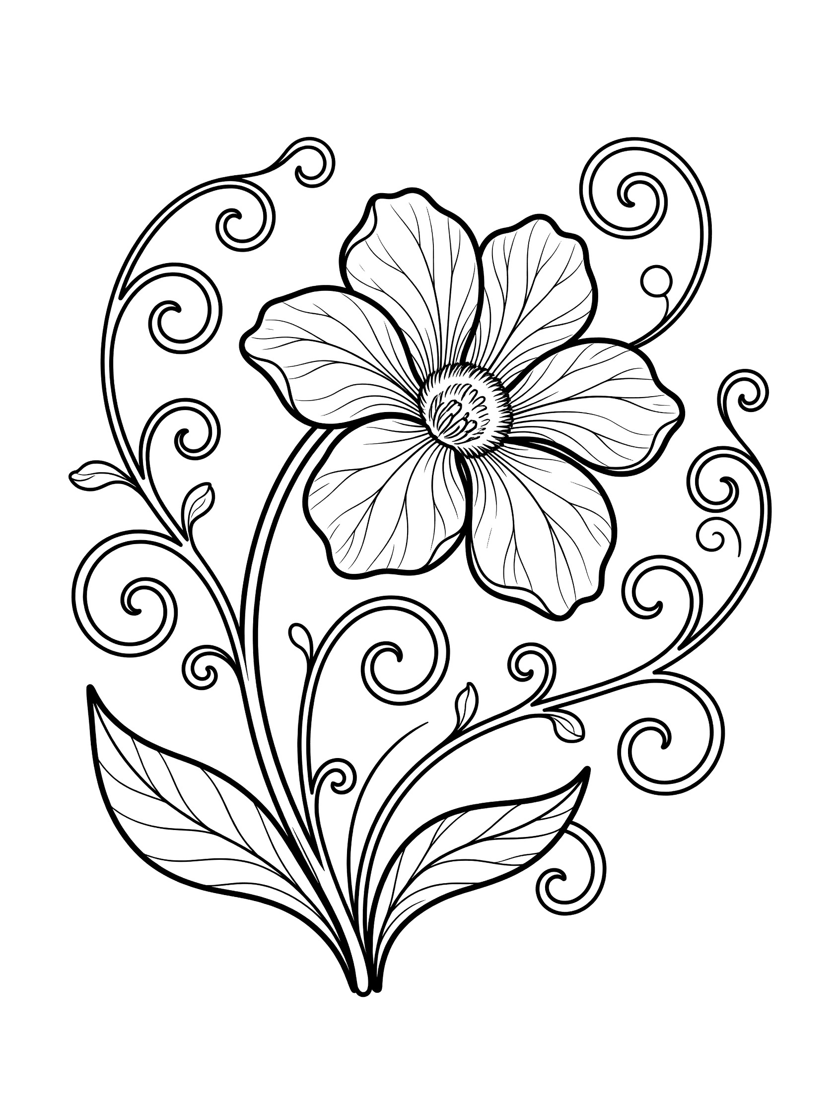Black line art coloring page showing a single flower with detailed petals, center, stem, leaves, and swirling vine tendrils on white background. Violet themed black and white printable line art