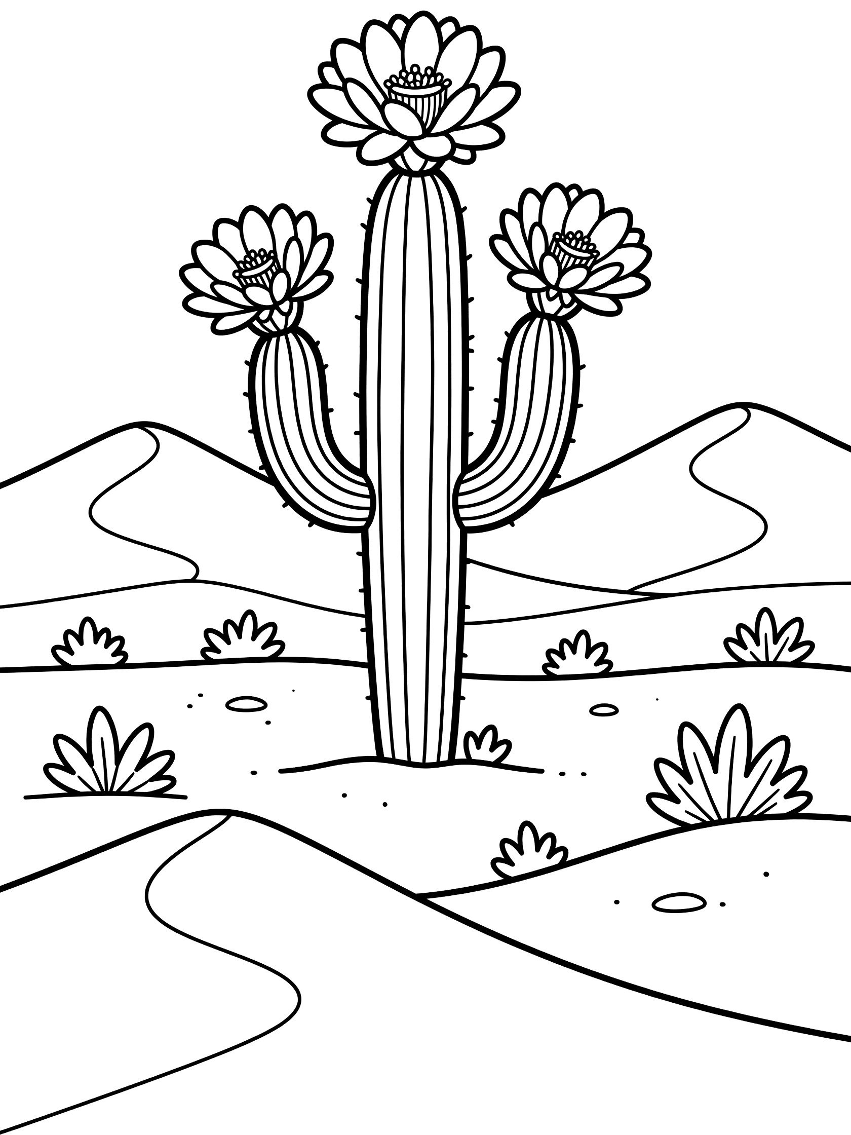 Black and white coloring page of a flowering saguaro cactus standing tall in rolling desert dunes with small bushes around the base