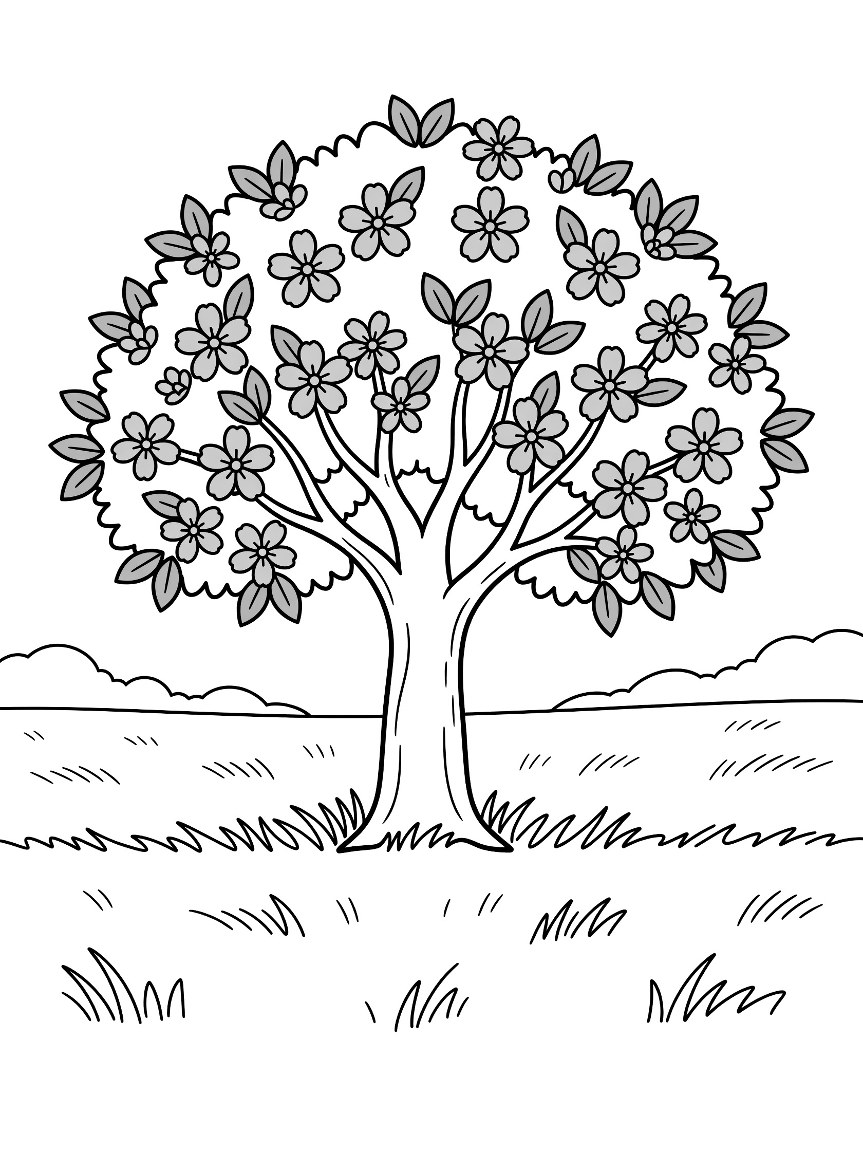 Black and white line art of a flowering tree with many blossoms on branches, green-shaped leaves, and grass in a field, coloring book style. Orange Tree themed black and white printable line art