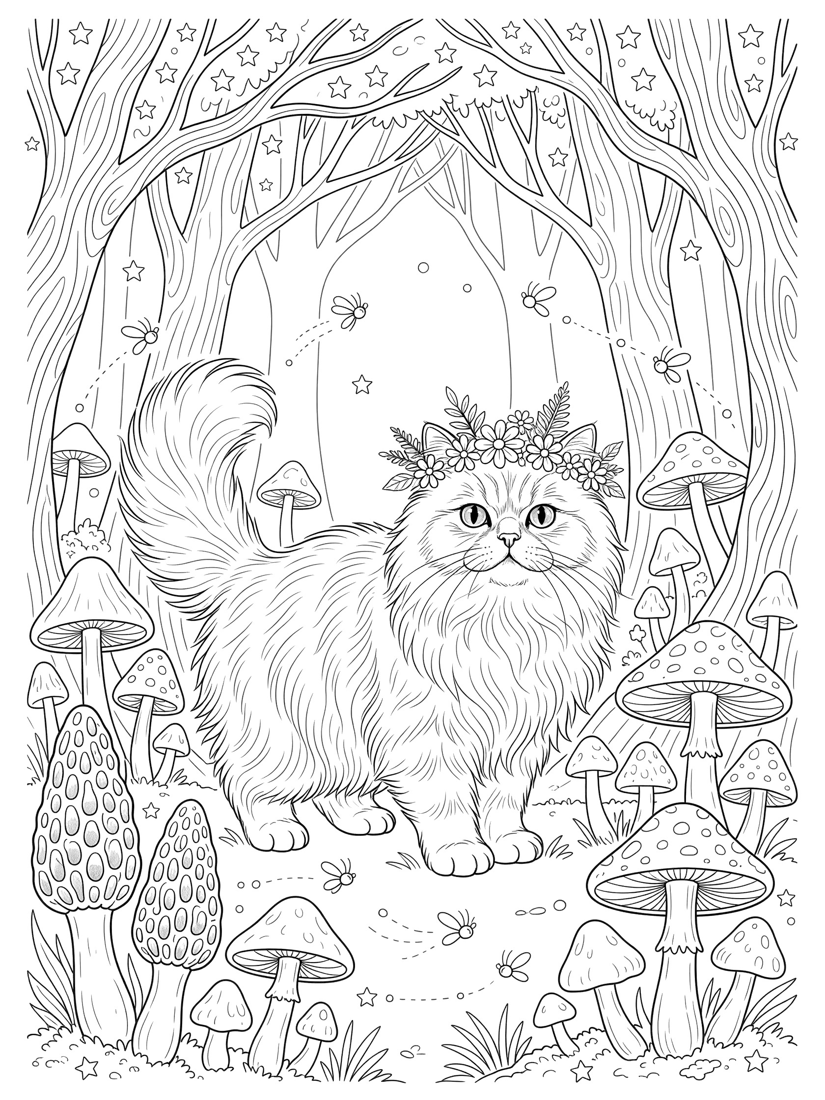 Black and white line art coloring page showing a fluffy long-haired cat with a flower crown on its head, standing in a forest glade surrounded by mushrooms, fireflies, stars peeking through trees, and tree trunks. Persian Cats themed black and white printable line art