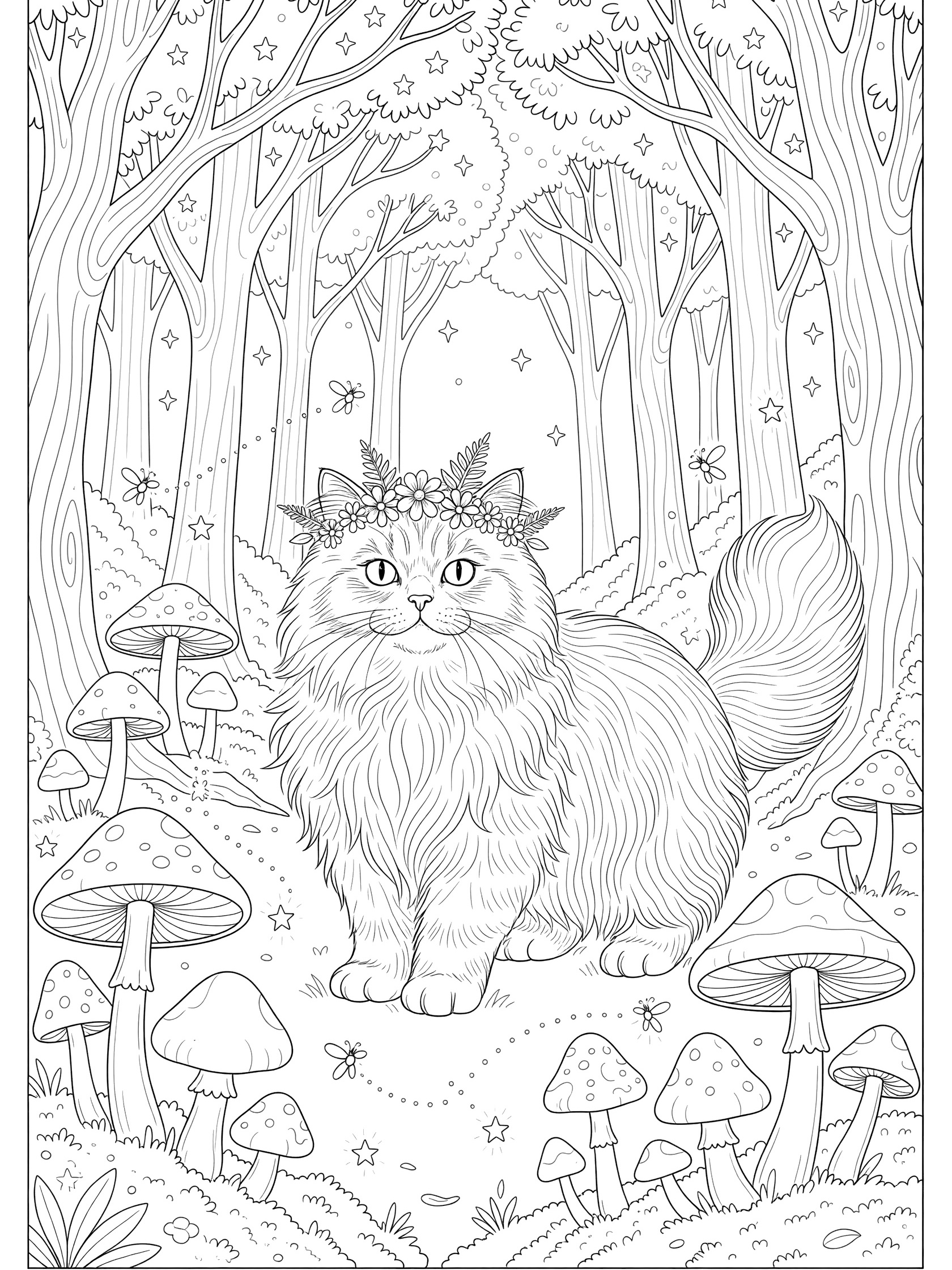 Black and white line art of a fluffy long-haired cat with flower crown standing in an enchanted forest glade surrounded by mushrooms, fireflies, stars and trees. Persian Cats themed black and white printable line art