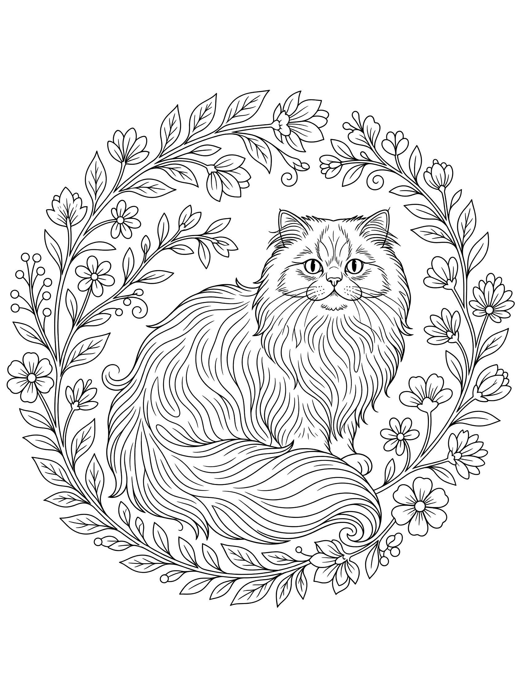 Black and white line art coloring page showing a fluffy Persian cat with flowing fur surrounded by a gentle circular pattern of leaves, flowers and vines.