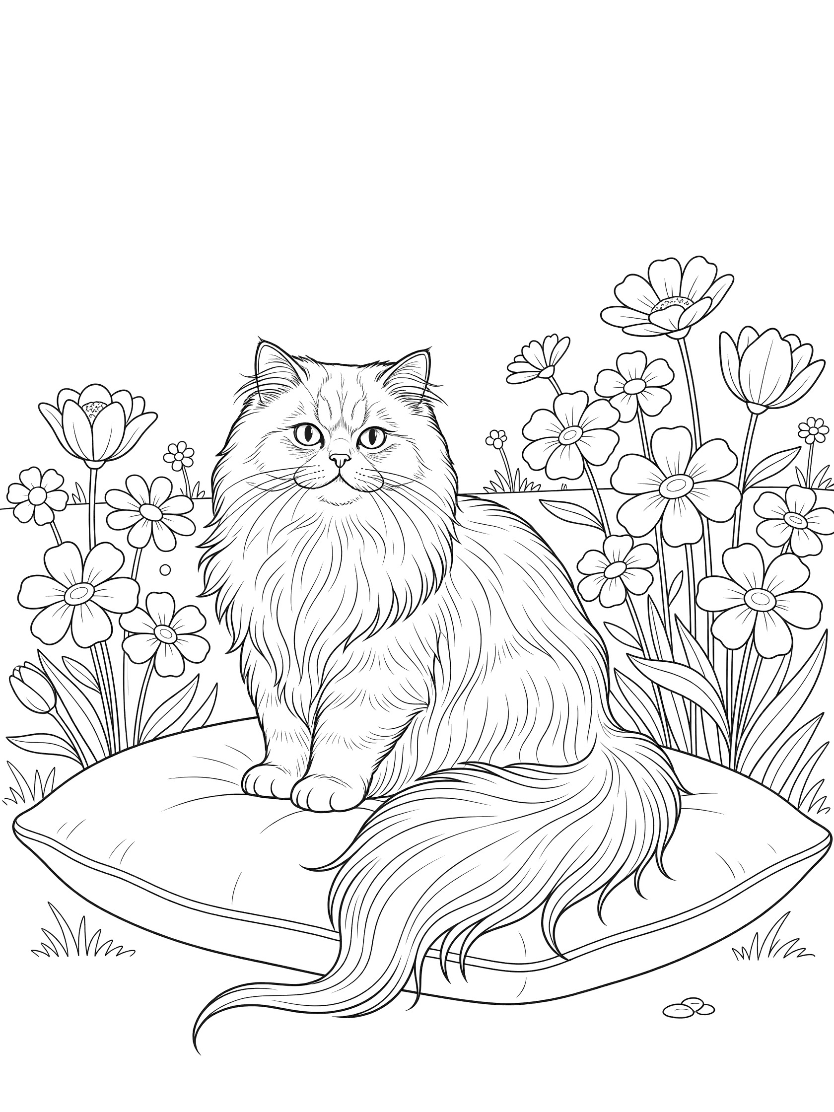 Black and white line art coloring page featuring a fluffy Persian cat on a cushion with delicate flowers in a garden setting.
