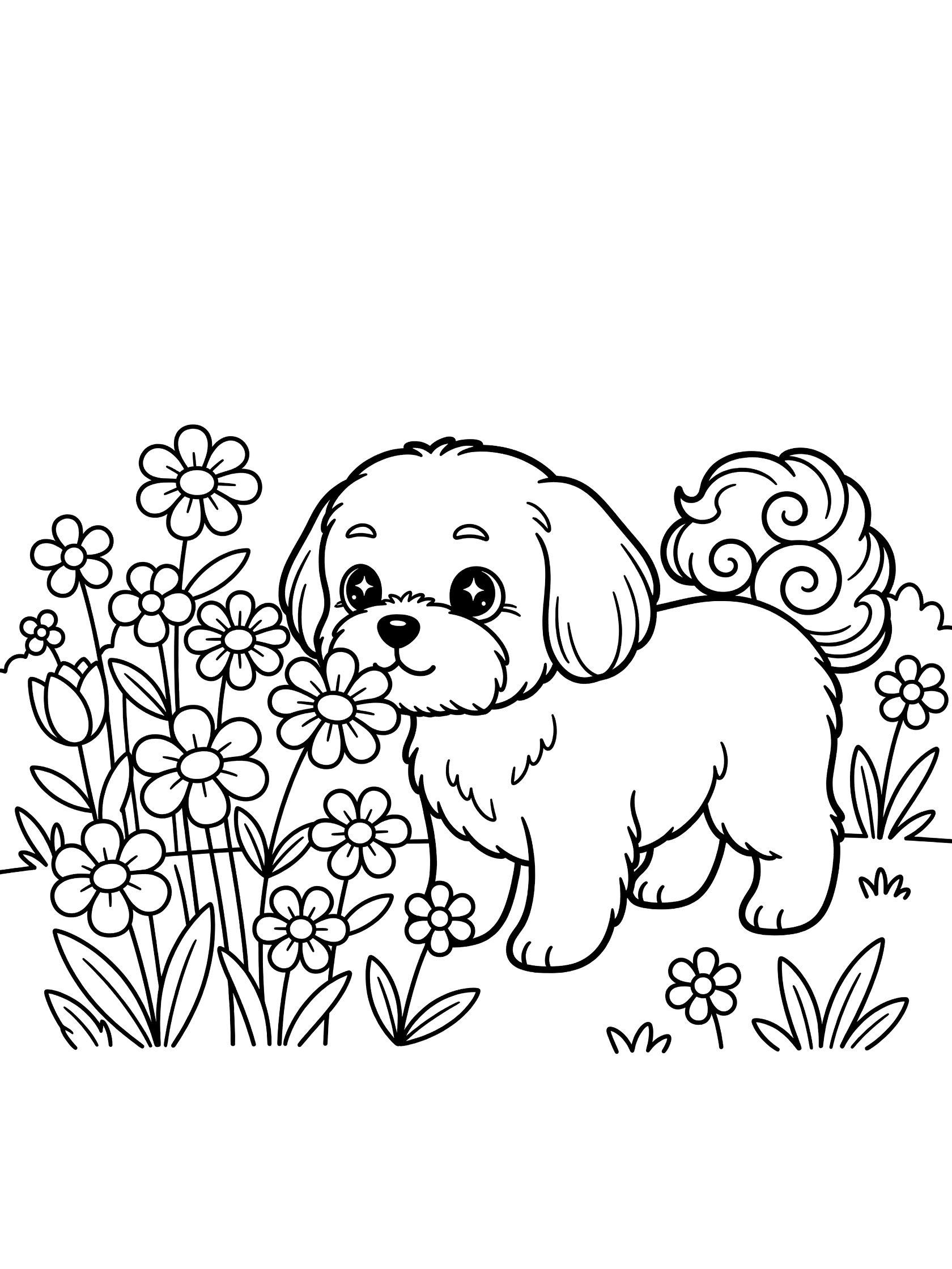 Black and white coloring page of a fluffy puppy with big eyes sniffing a bunch of flowers with petals and leaves. Shih Tzu themed black and white printable line art