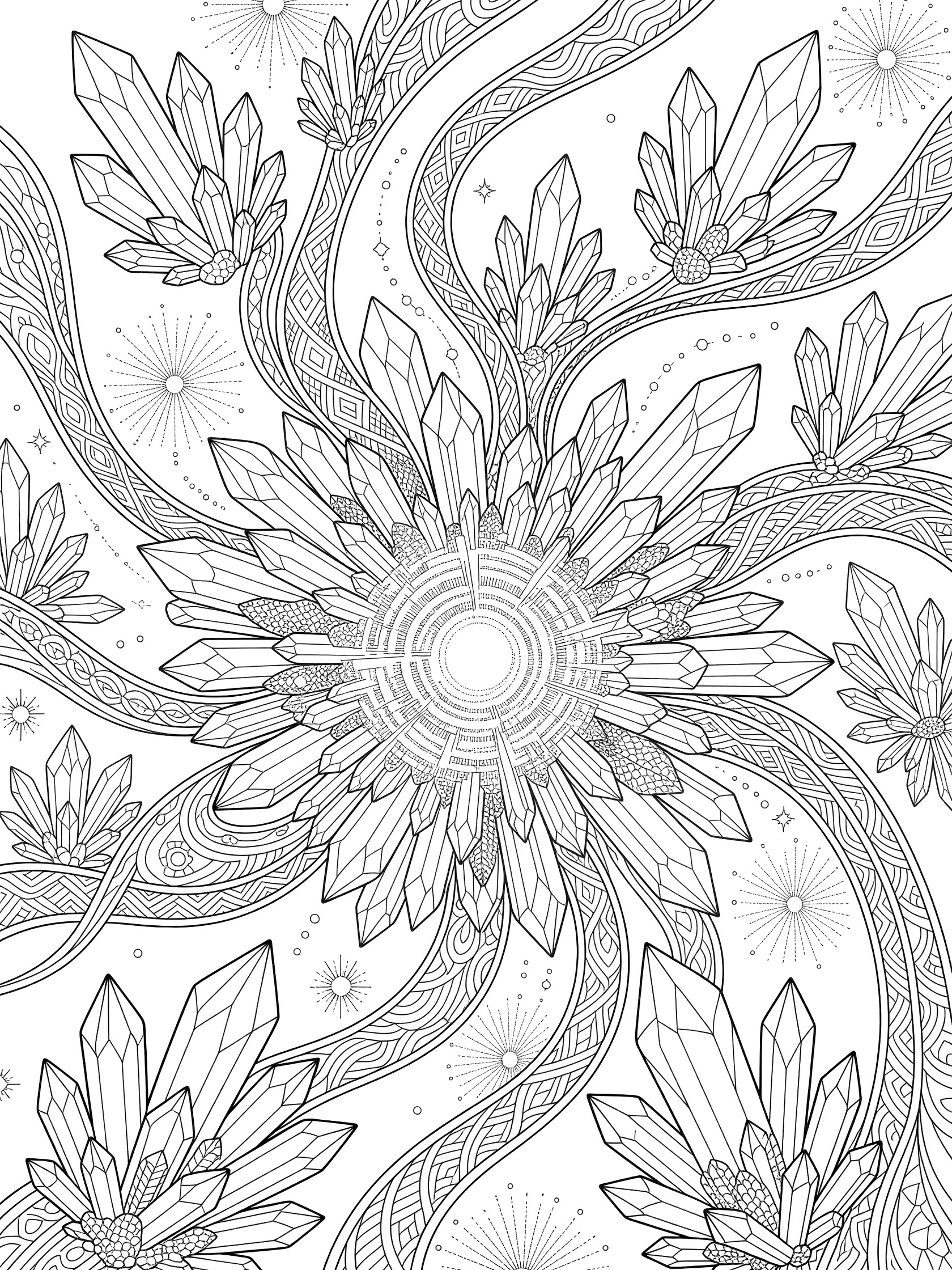 Zentangle coloring page featuring fantasy flux crystals in bold line art, with a glowing central core, outward crystalline structures, playful swirls, and starry details on white background.