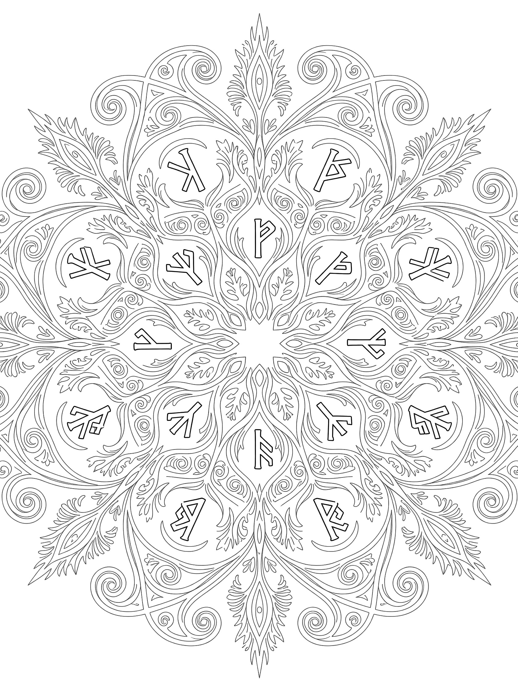 Symmetrical circular mandala coloring page with Flux runes, swirling energy lines, curls, waves, and intricate doodle patterns in clean black outlines.