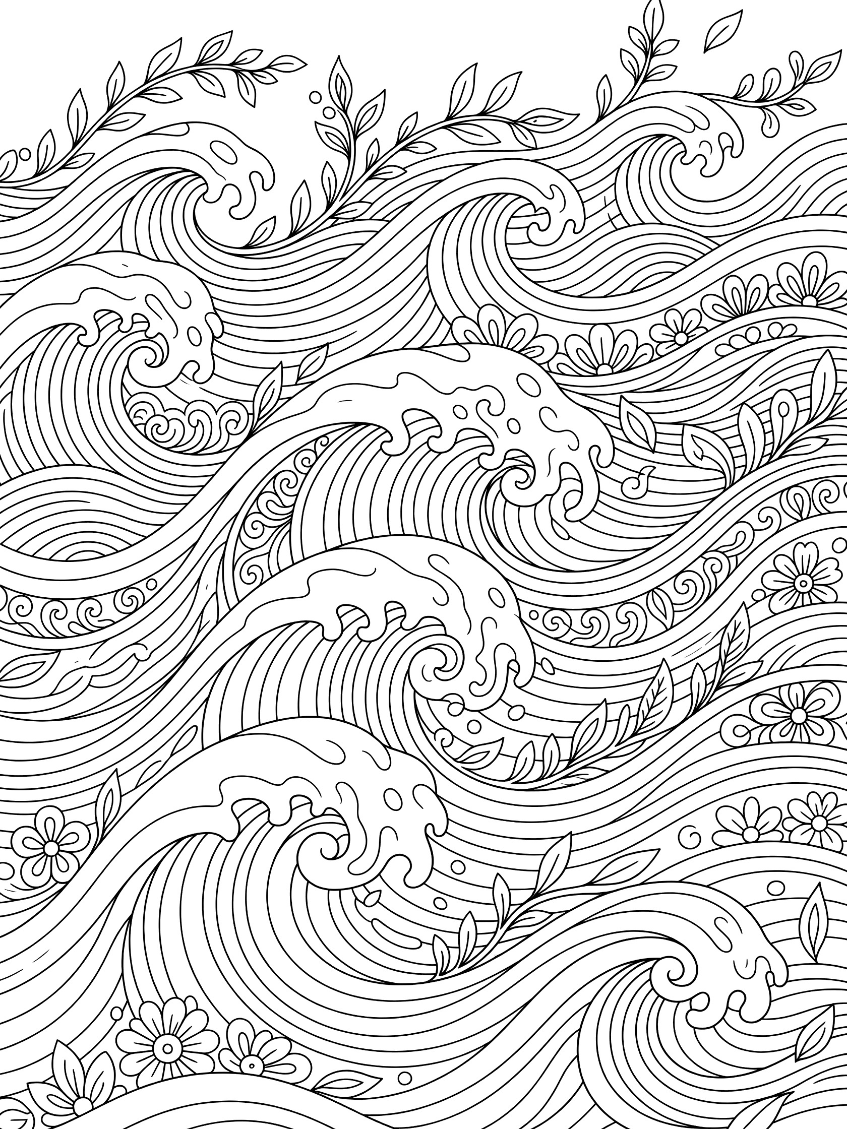 Black and white line art coloring page of flux wave patterns showing rippling waves with leaves, vines, and flowers in zentangle style