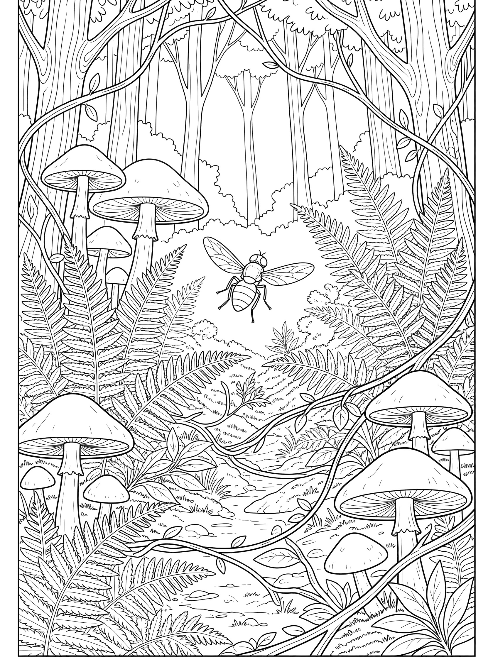 Black and white line art coloring page showing a fly fluttering among large mushrooms, ferns, trees, vines, and twigs in a forest clearing.