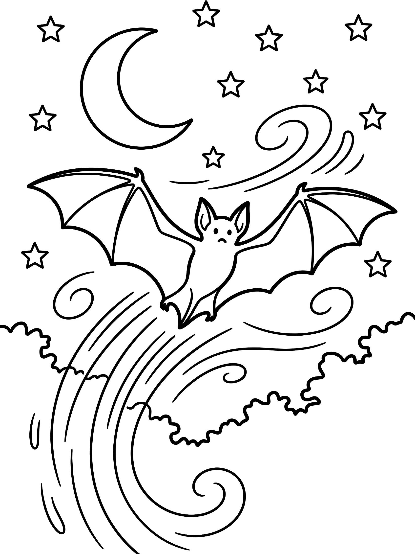 Black and white line art coloring page showing a bat soaring through night sky with crescent moon, scattered stars, treetop silhouette below, and swirly wind lines trailing behind