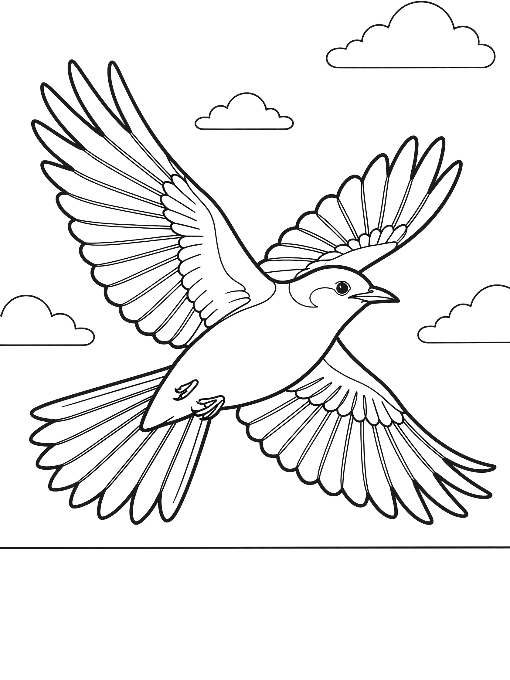 Black and white line art coloring page showing a bird soaring with wide wings, fanned tail, beak, eye, legs, and distant clouds on white background. Mockingbird themed black and white printable line art