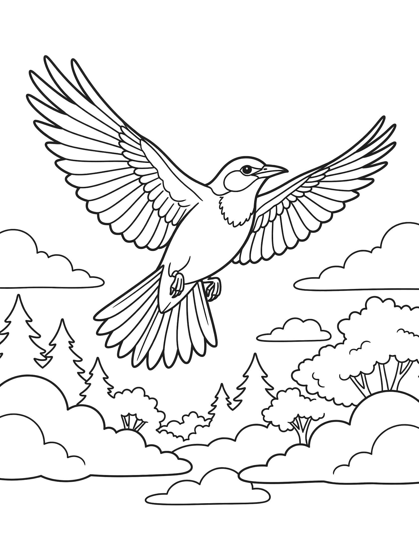 Black and white line art coloring page showing a bird soaring with wide wings, fluffy clouds, and distant trees below on a white background. Oriole themed black and white printable line art