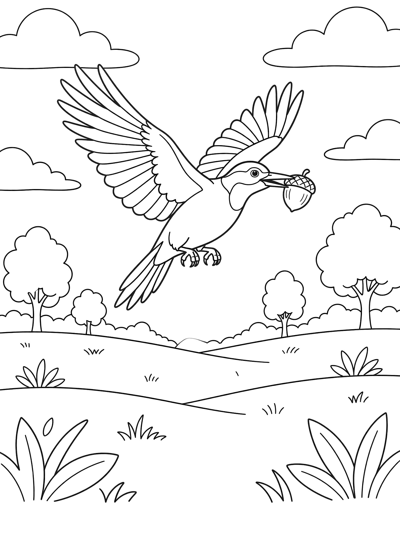 Black and white line art coloring page showing a bird with spread wings flying while holding an acorn in its beak above a meadow with grass, trees, and fluffy clouds. Woodpecker themed black and white printable line art