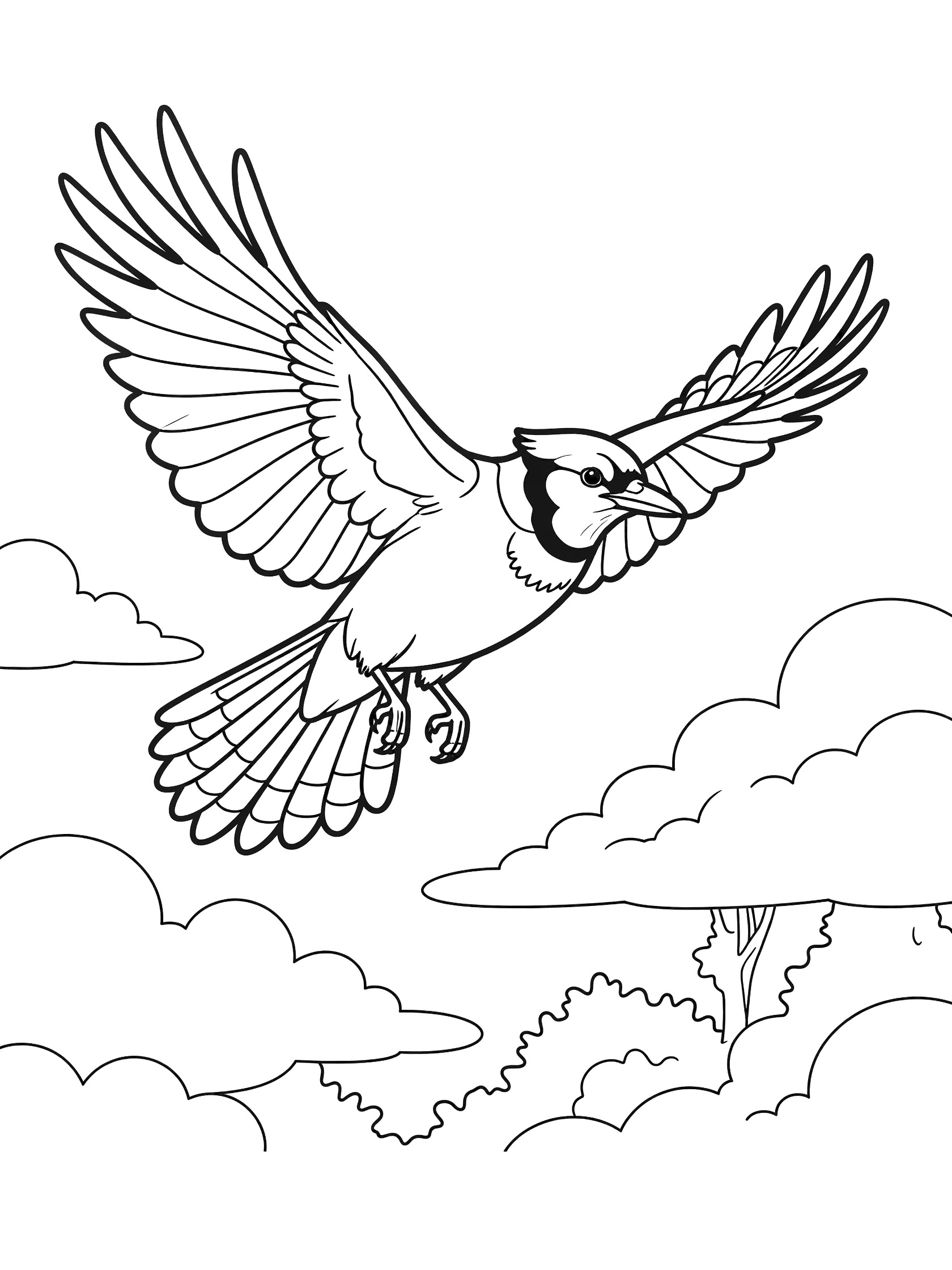 Black and white line art coloring page of a blue jay bird soaring with wings outstretched, tail fanned, above fluffy clouds and treetops.