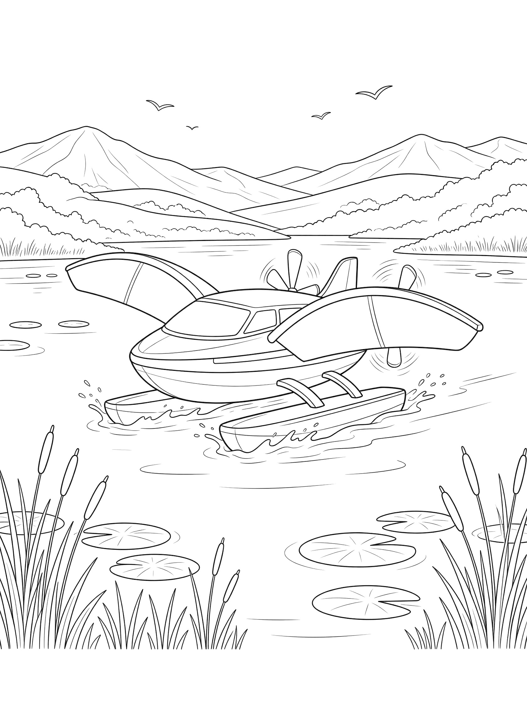 Line art coloring page showing a flying boat landing on a rippling lake with splashes, large wings, propellers, foreground reeds and lily pads, background hills and mountains, and soaring birds.