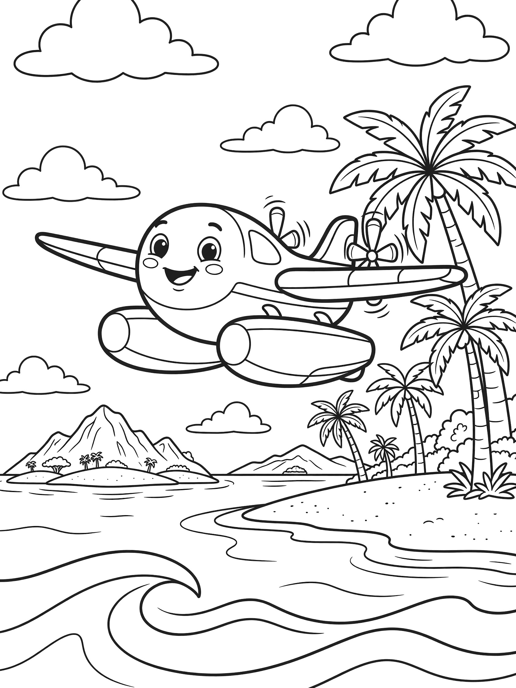 Cute cartoon flying boat with cheerful face, round pontoons, propellers, and wings over tropical islands with palm trees, beaches, waves, and clouds coloring page
