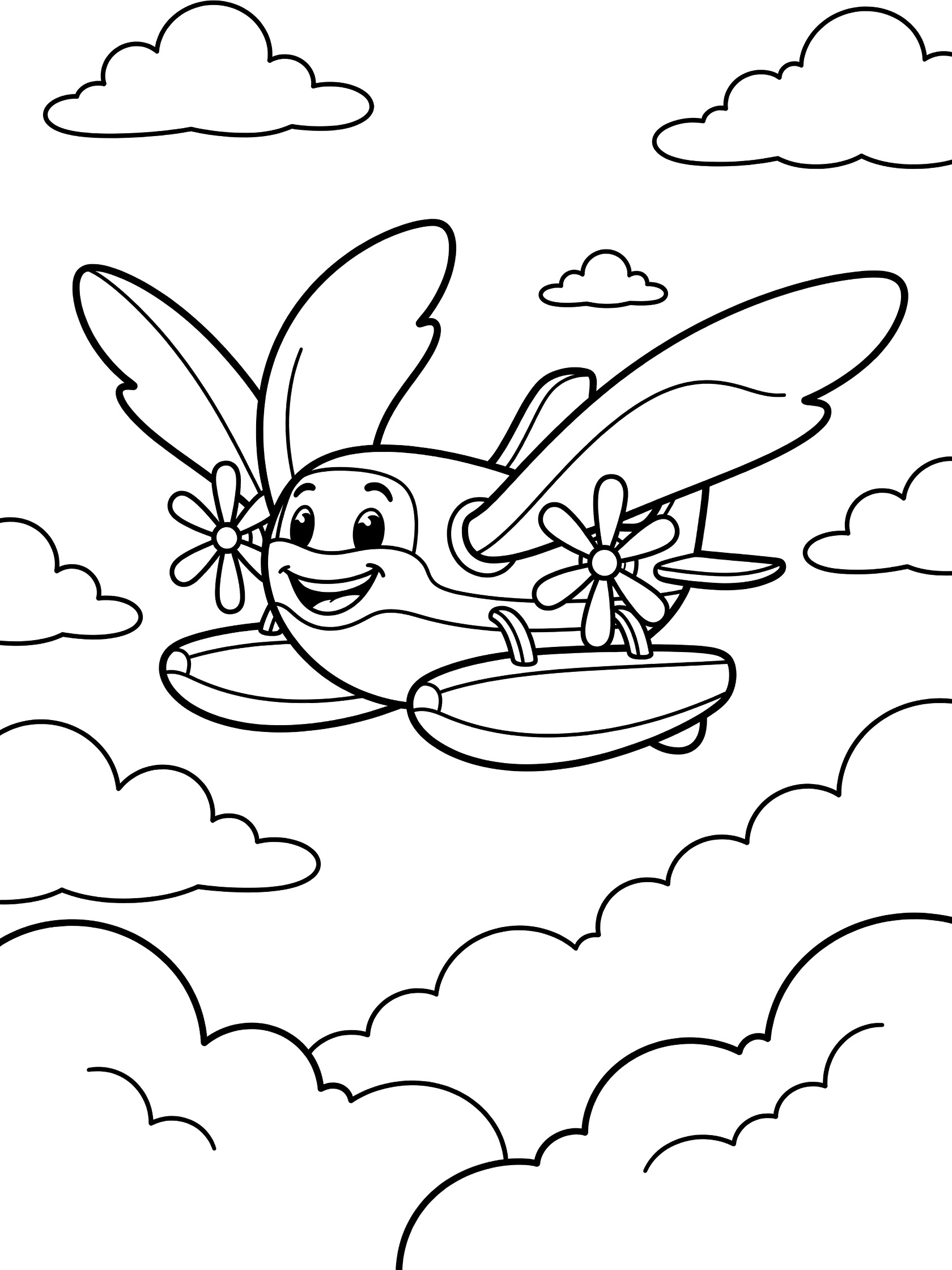 Whimsical line art coloring page showing a cheerful flying boat with curved wings, propellers, and floating pontoons flying dynamically among puffy clouds in the sky.
