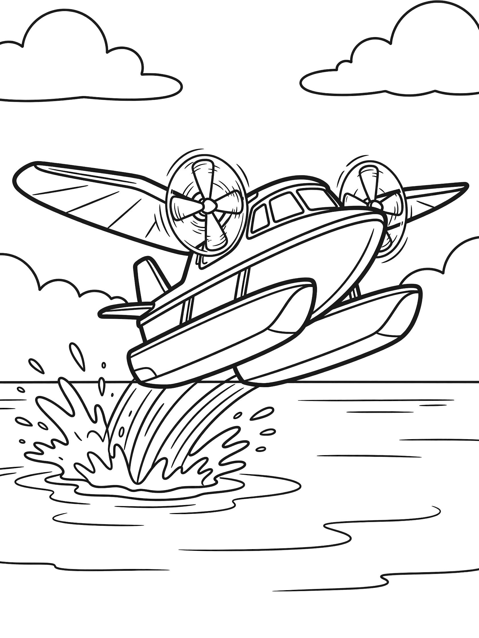 Line art coloring page showing a flying boat lifting off a lake, kicking up splashes, with wide wings, spinning propellers, gentle waves, and distant clouds.